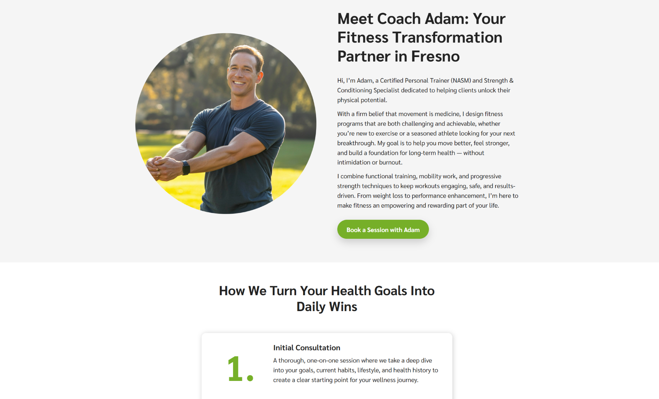 Eden Health & Wellness "about" section showing a circular photo of coach Adam stretching in a sunny park beside the headline “Meet Coach Adam: Your Fitness Transformation Partner in Fresno” and a green button labeled “Book a Session with Adam.”