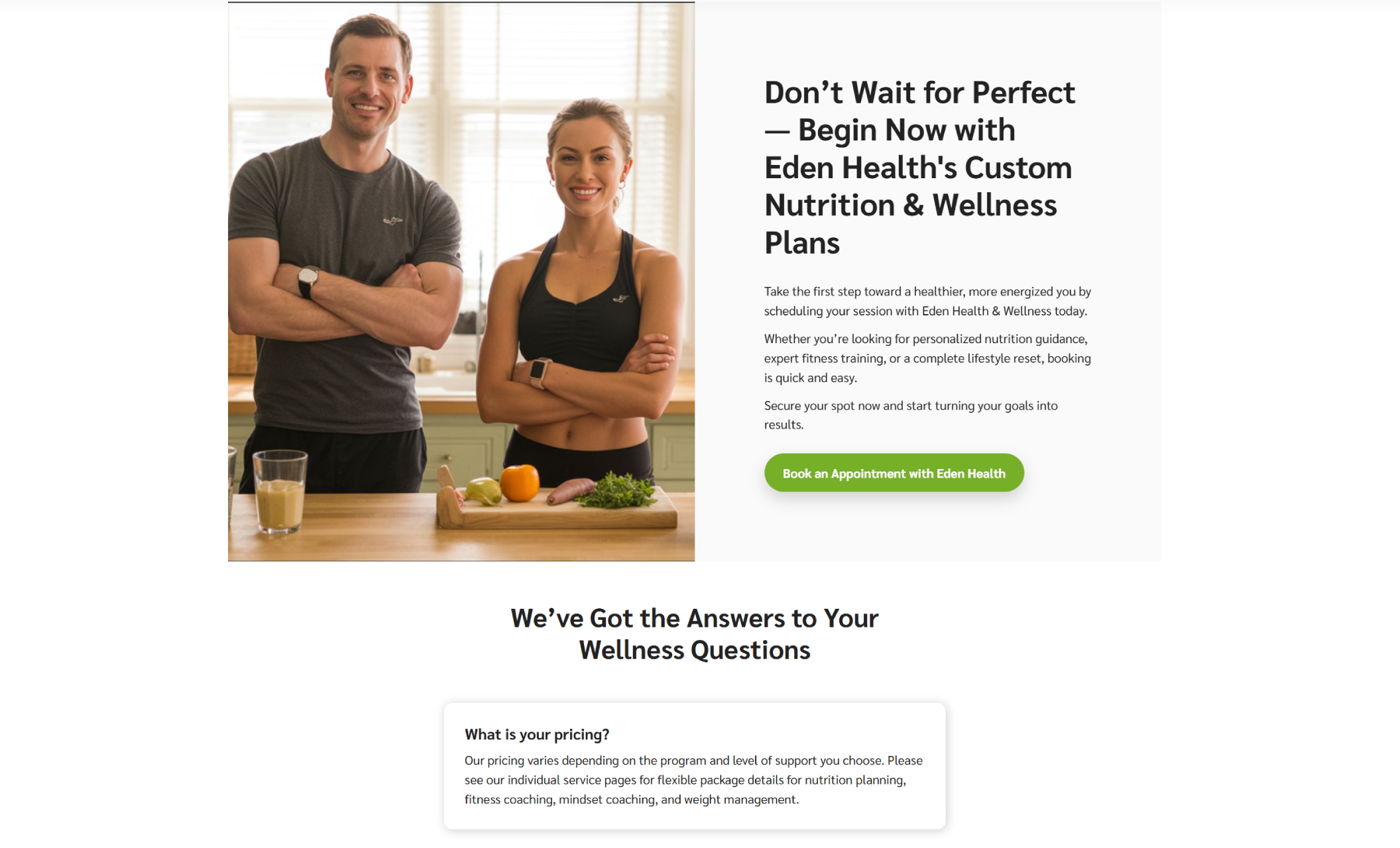 Eden Health & Wellness booking section displaying a close-up of a runner stretching with the headline “Helping Fresno Residents Build Healthier Lives Through Nutrition & Fitness” and a white button that says “Start Your Wellness Journey Today.”
