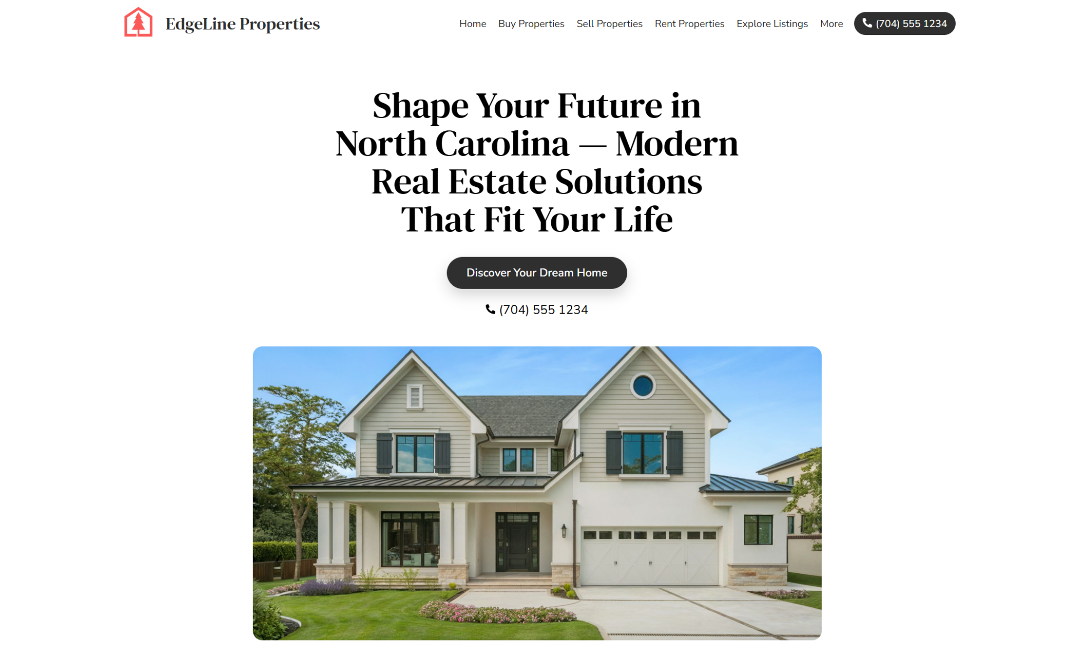 Homepage of EdgeLine Properties featuring a stylish North Carolina home with a large front porch under the bold black headline “Shape Your Future in North Carolina — Modern Real Estate Solutions That Fit Your Life” and a centered CTA button