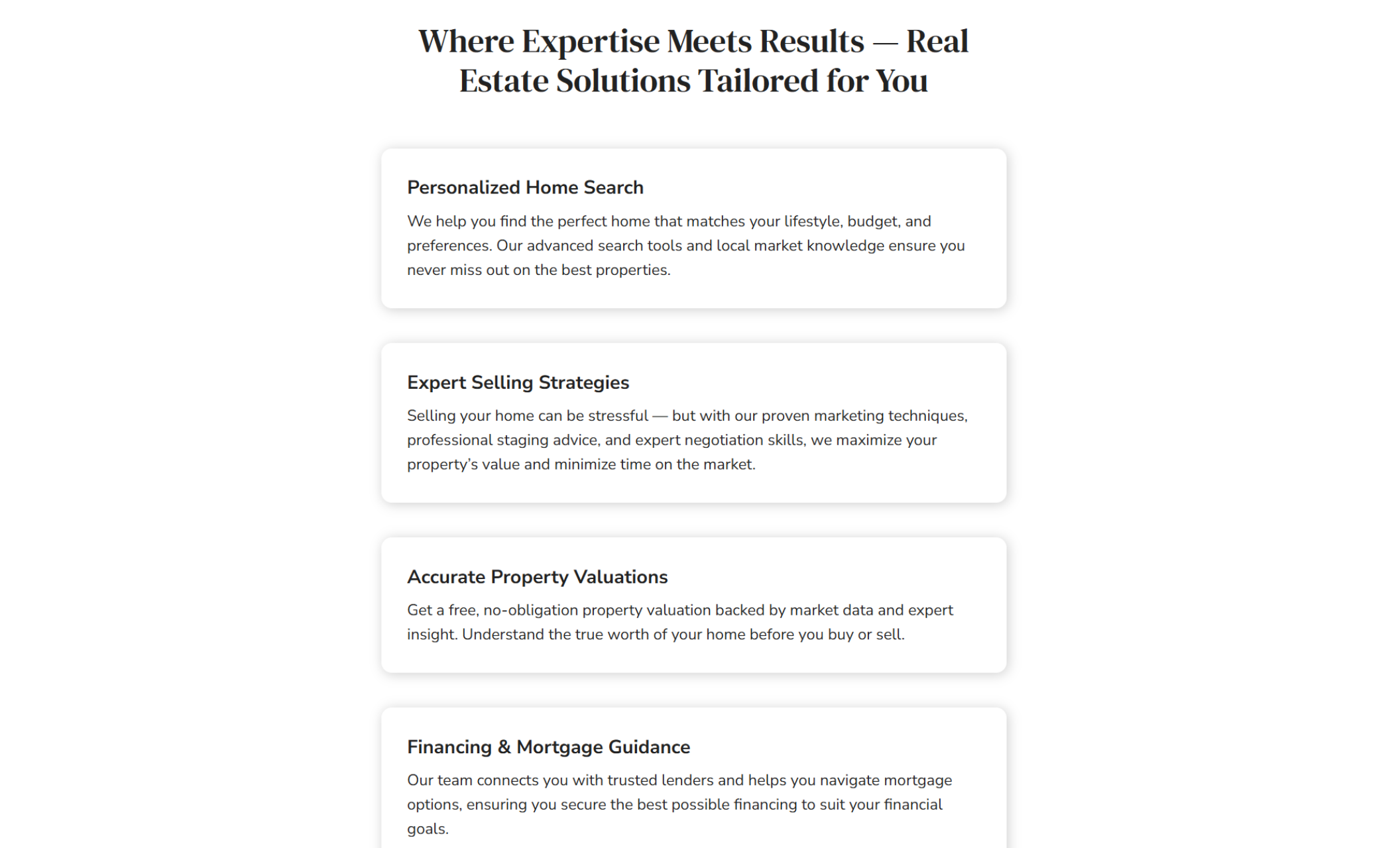 Services section of EdgeLine Properties with four soft-shadowed white boxes offering “Personalized Home Search,” “Expert Selling Strategies,” “Accurate Property Valuations,” and “Financing & Mortgage Guidance” under the headline “Where Expertise Meets Results”