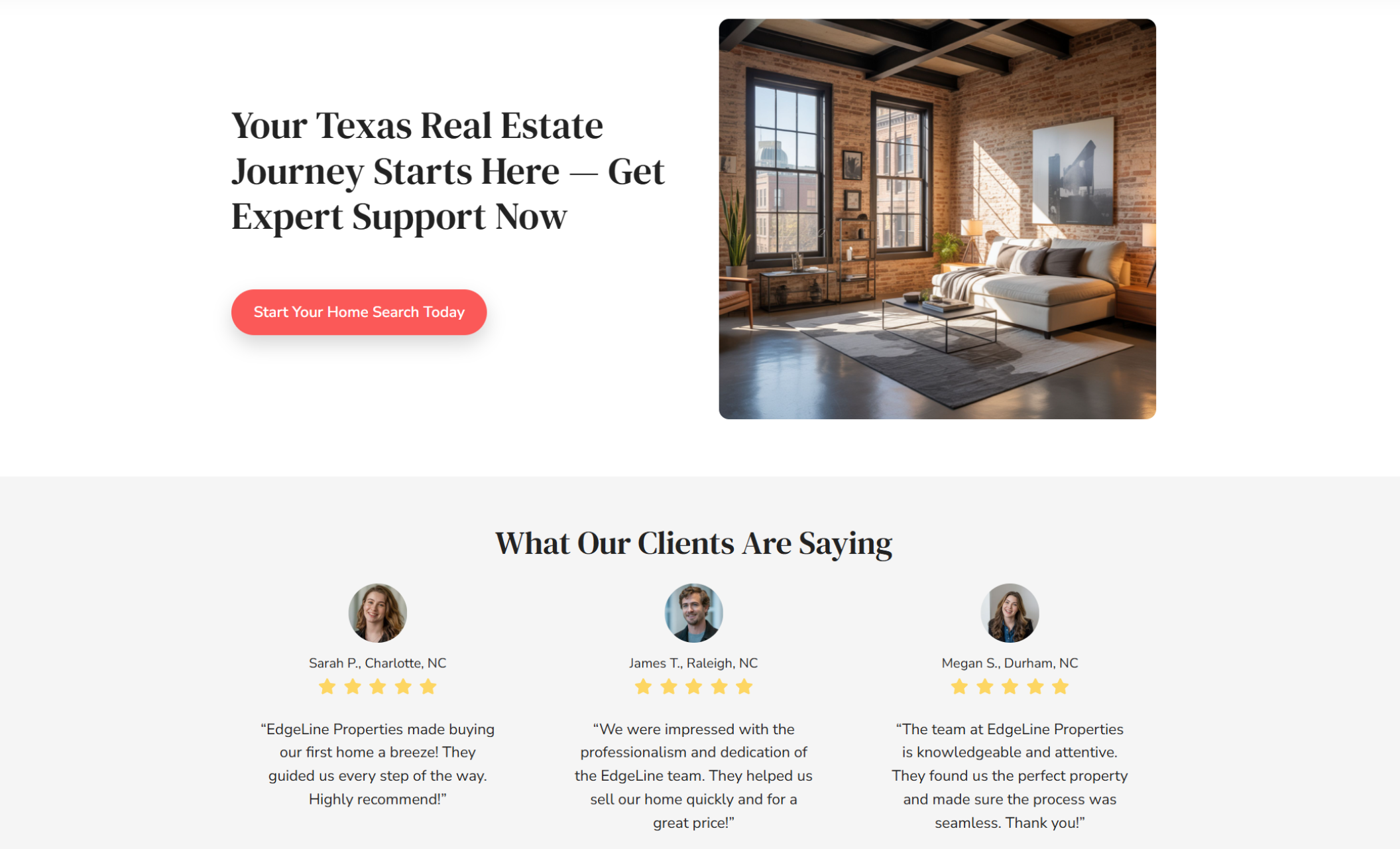 Testimonials section of EdgeLine Properties displaying a cozy loft-style living room beside a bold headline that reads “Your Texas Real Estate Journey Starts Here” followed by three smiling client headshots with five-star reviews underneath