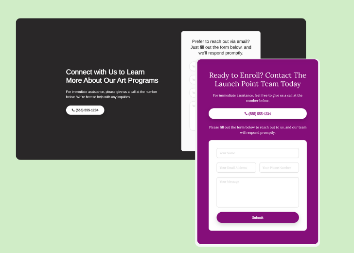 Screenshot of a contact form titled 'Get in touch' with a blue-colored primary button with a contact number, with input fields for Name, Email, and Message