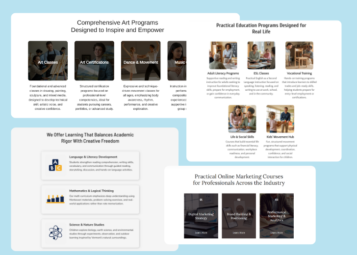 A collage of services section generated by Zarla showing different styles of service items, all having a picture, a title, and a brief description