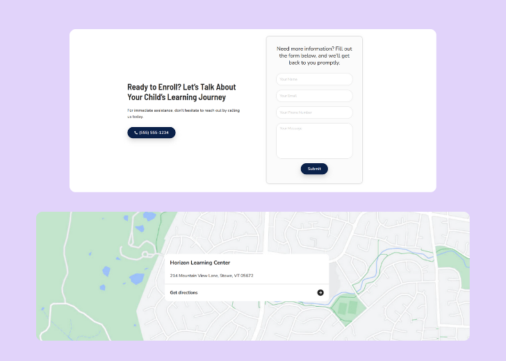 A screenshot of a header with navigation pills with contact number, a blue-colored primary button with contact number, and a 2D depiction of a map with a business address in the center