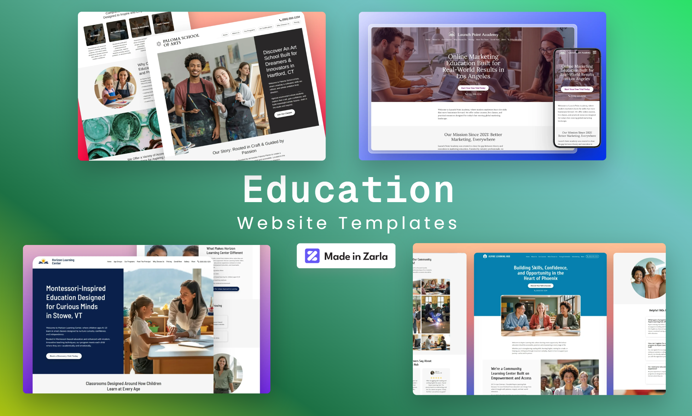 Collection of education website templates created with Zarla