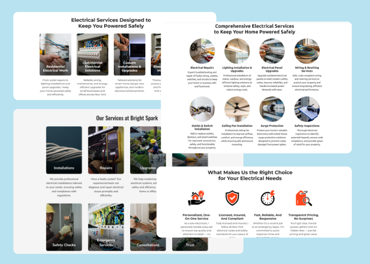 A collage of services section generated by Zarla showing different styles of service items, all having a picture, a title, and a brief description