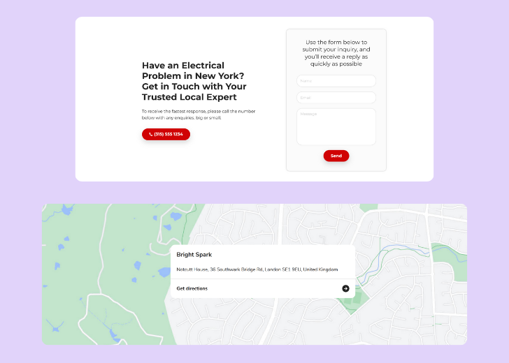 A screenshot of a header with navigation pills with contact number, a blue-colored primary button with contact number, and a 2D depiction of a map with a business address in the center