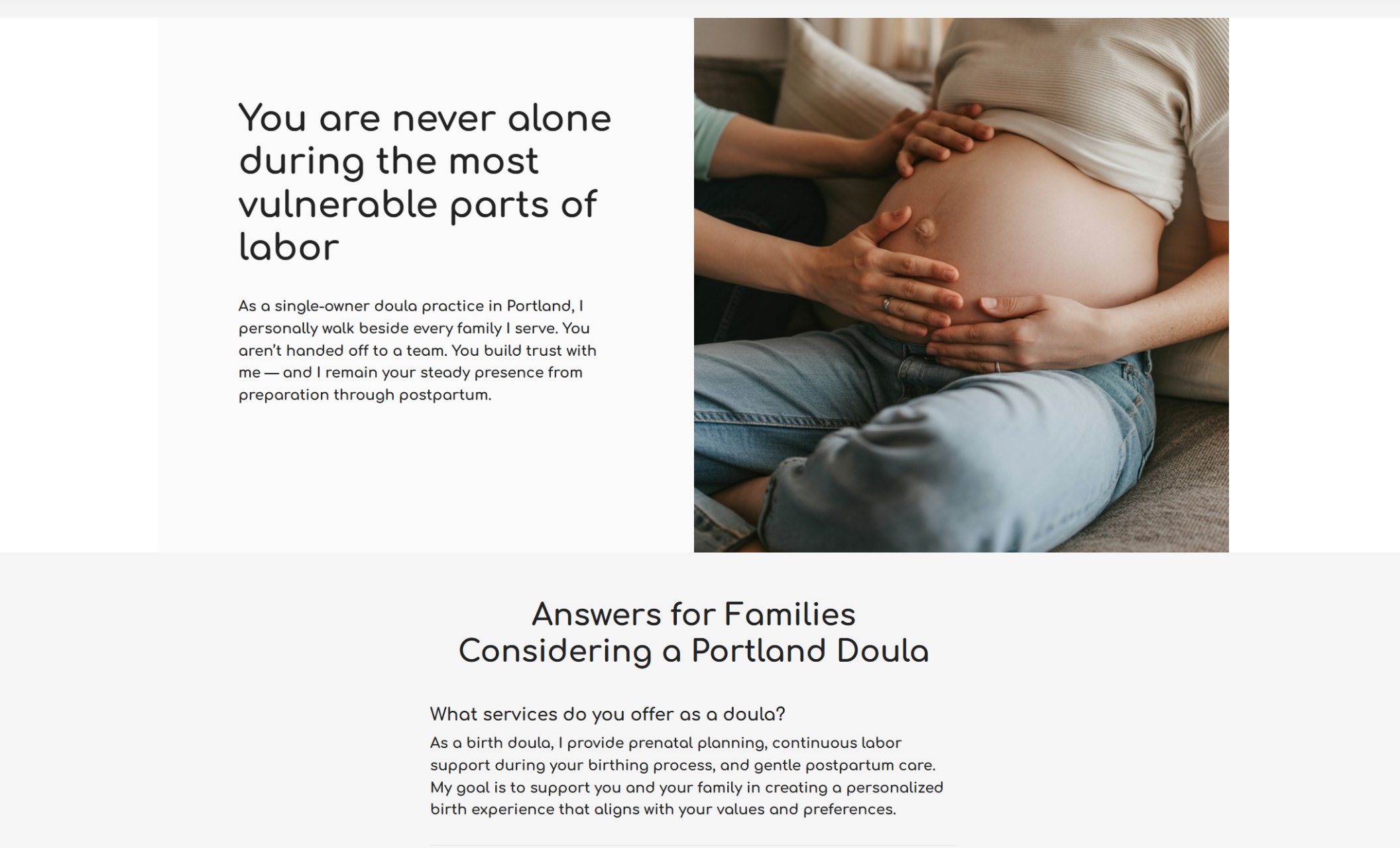Elena Doula section with the headline “You are never alone during the most vulnerable parts of labor” displayed next to a close-up image of a doula gently holding a pregnant client’s belly
