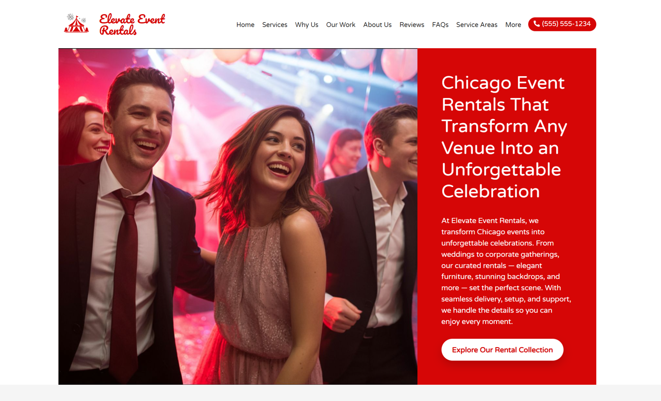 Elevate Event Rentals homepage showing a smiling couple at a lively Chicago celebration with colorful lights and balloons, beside the headline “Chicago Event Rentals That Transform Any Venue Into an Unforgettable Celebration.”