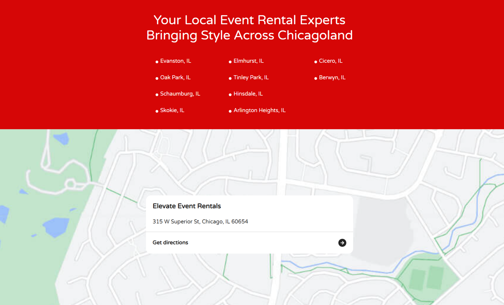 Elevate Event Rentals service areas section showing a map with a location pin for 315 W Superior St, Chicago, under a bold red header listing surrounding Chicagoland cities like Evanston, Oak Park, and Schaumburg