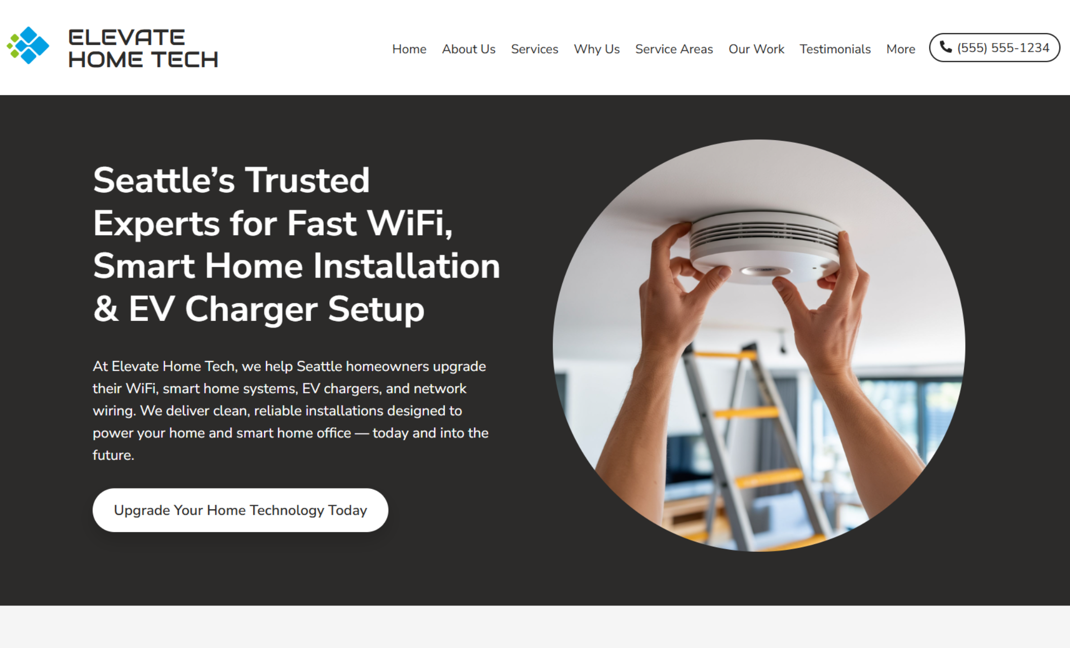 Elevate Home Tech homepage hero featuring the headline “Seattle’s Trusted Experts for Fast WiFi, Smart Home Installation & EV Charger Setup” alongside a circular image of a technician installing a ceiling device