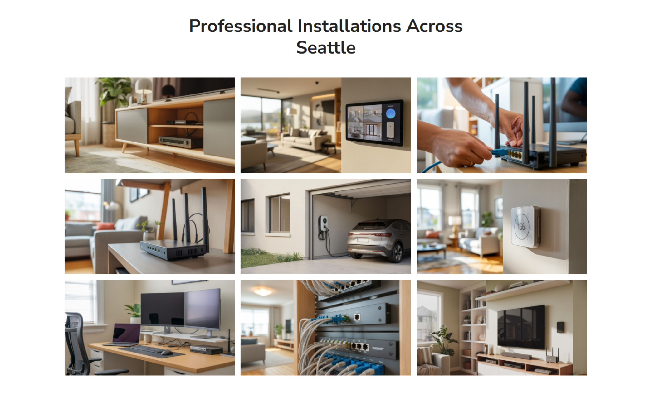 Elevate Home Tech gallery section showcasing smart home installations across Seattle, including WiFi routers, EV chargers, control panels, and modern living room tech setups in a clean grid layout