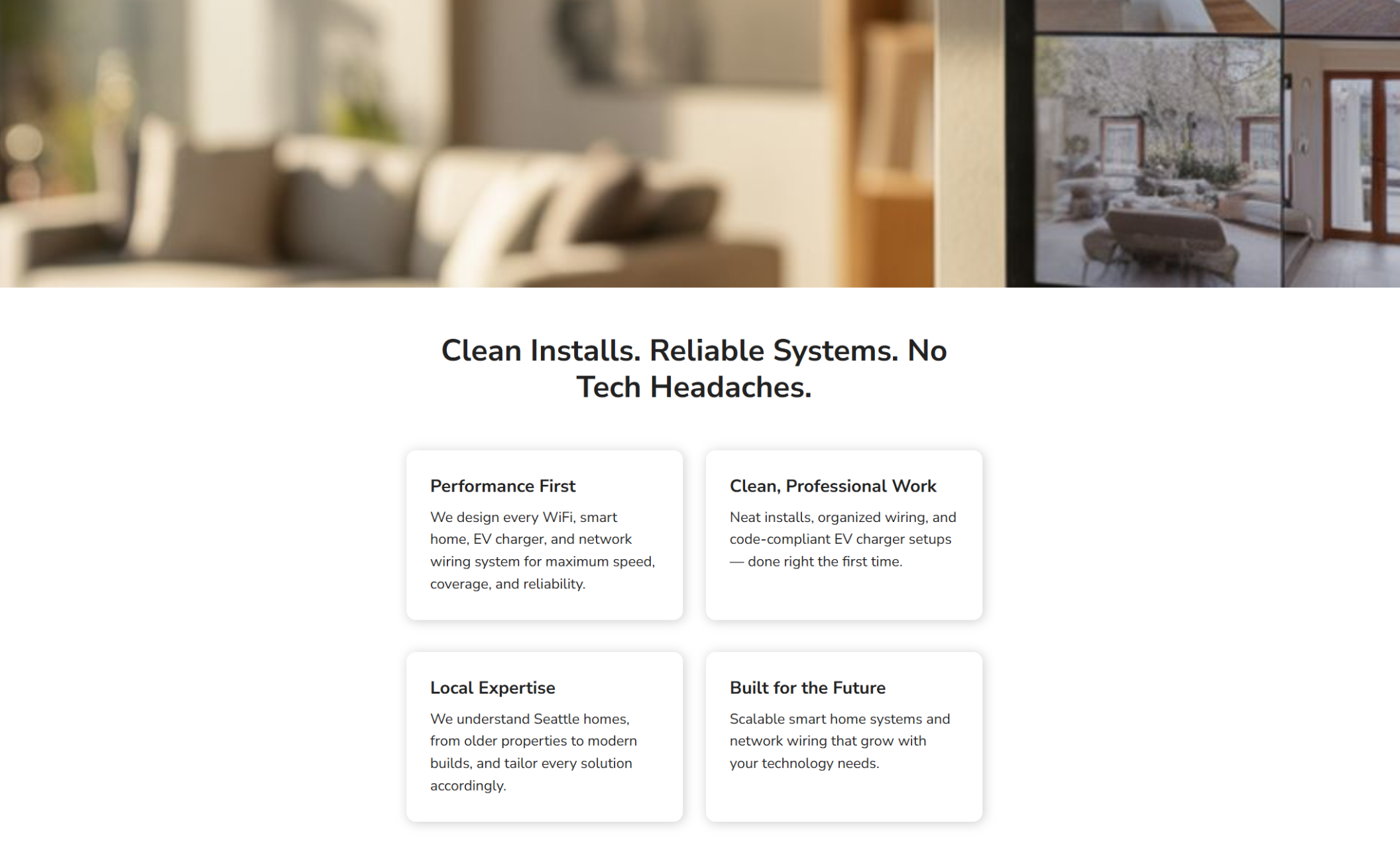 Elevate Home Tech website section displaying four feature cards titled “Performance First,” “Clean, Professional Work,” “Local Expertise,” and “Built for the Future” beneath the headline “Clean Installs. Reliable Systems. No Tech Headaches.”