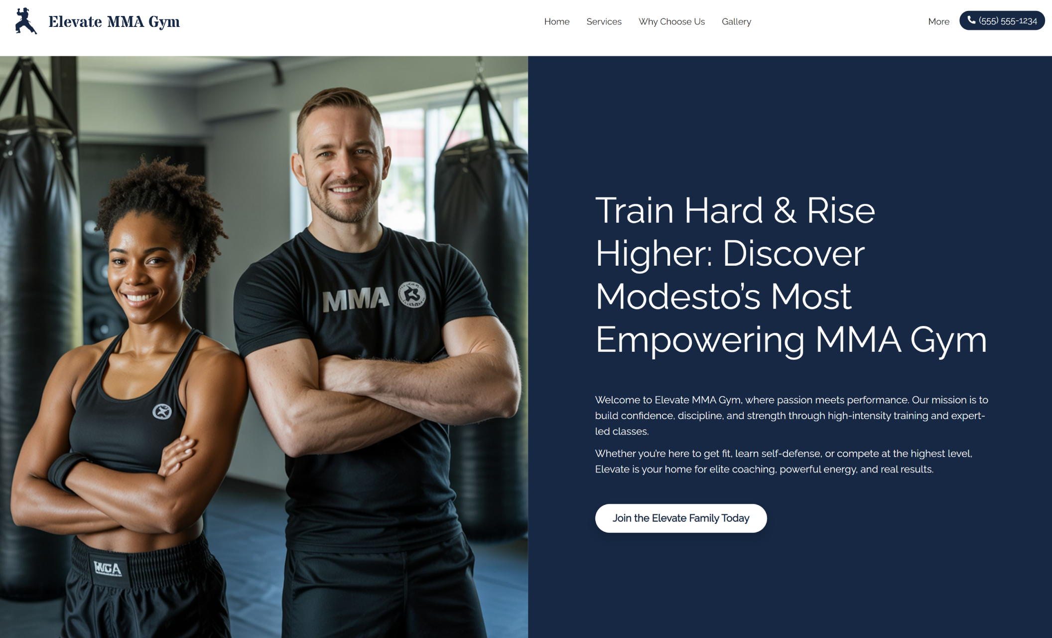 Homepage of Elevate MMA Gym featuring two smiling trainers in black MMA shirts standing confidently beside the headline “Train Hard & Rise Higher: Discover Modesto’s Most Empowering MMA Gym” and a white call-to-action button that says “Join the Elevate Family Today.”