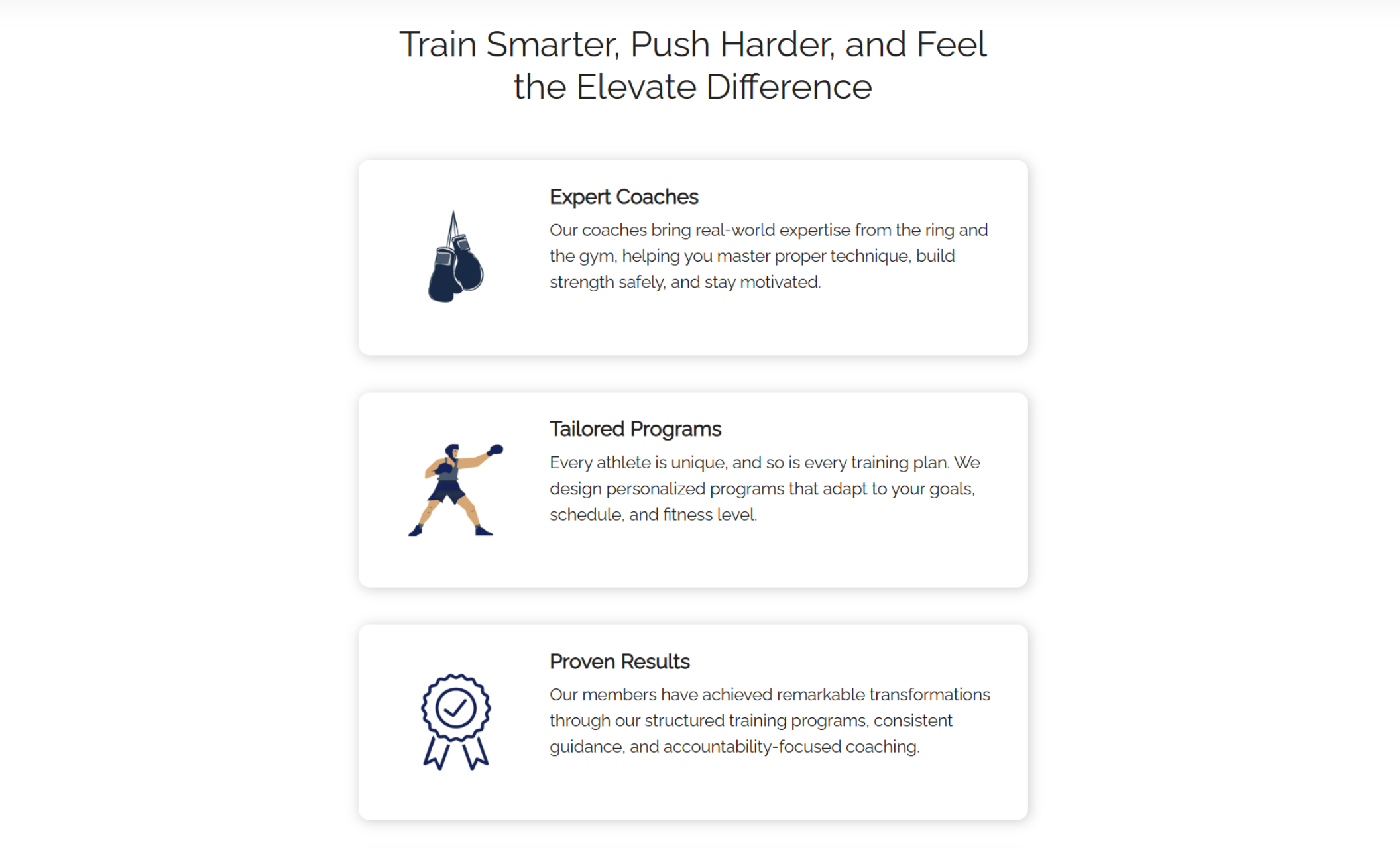 “Train Smarter, Push Harder, and Feel the Elevate Difference” section from Elevate MMA Gym’s website, showing illustrated icons for Expert Coaches, Tailored Programs, and Proven Results with clean white background cards and navy blue text