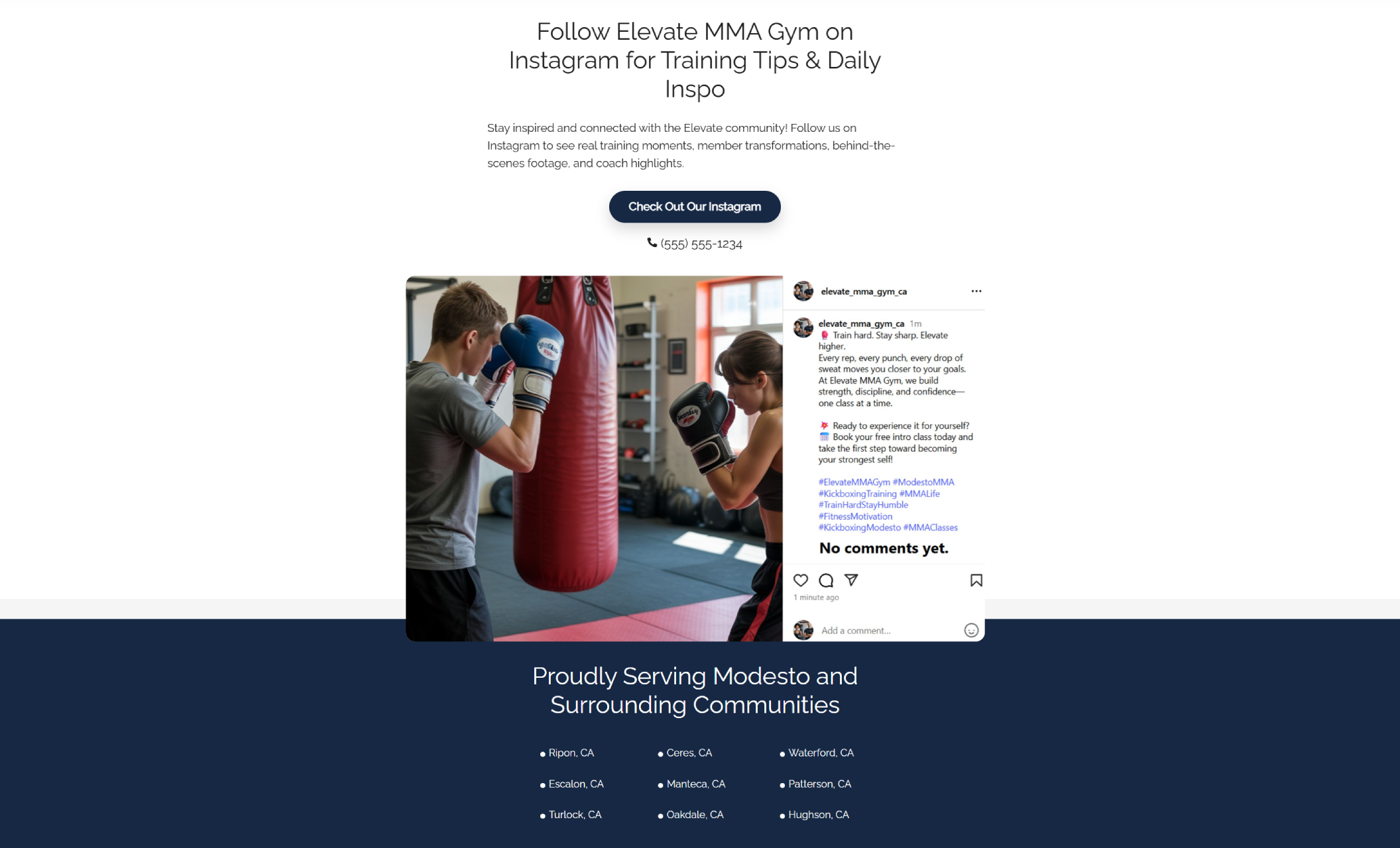 Instagram and community section of Elevate MMA Gym’s website displaying a boxer training with a partner beside an embedded Instagram post and a navy blue footer listing nearby service areas like Modesto, Ripon, and Turlock