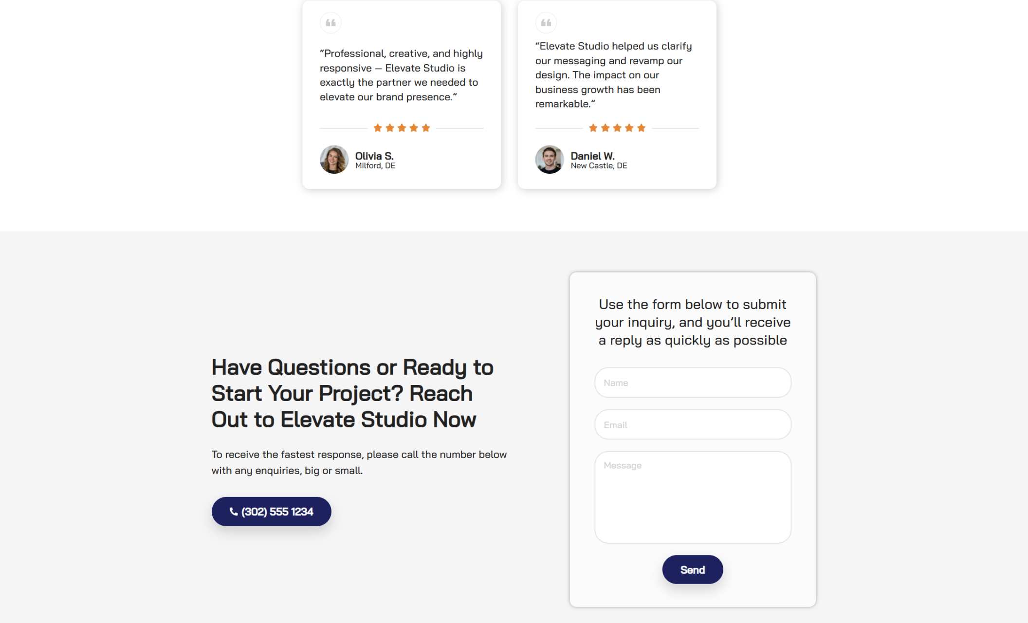 Elevate Studio contact section with a gray background, featuring a call-to-action headline “Have Questions or Ready to Start Your Project?” beside a modern contact form and a dark blue phone button labeled “(302) 555 1234,” with testimonial cards from clients floating above