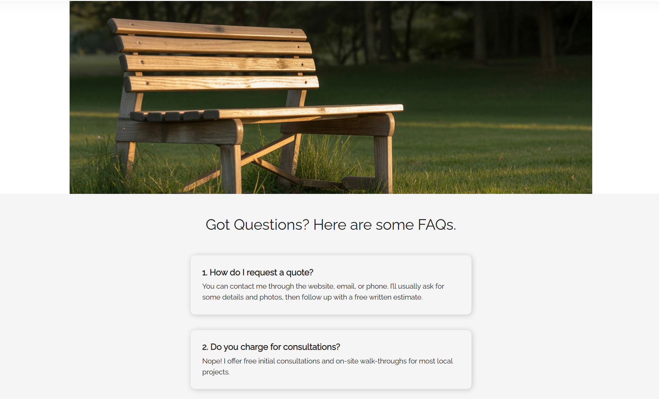 Eli Morgan Carpentry services page featuring four rectangular cards for Custom Wood Furniture, Built-Ins & Storage Solutions, General Carpentry, and Home Repairs, each with photos of finished woodworking projects or a carpenter at work