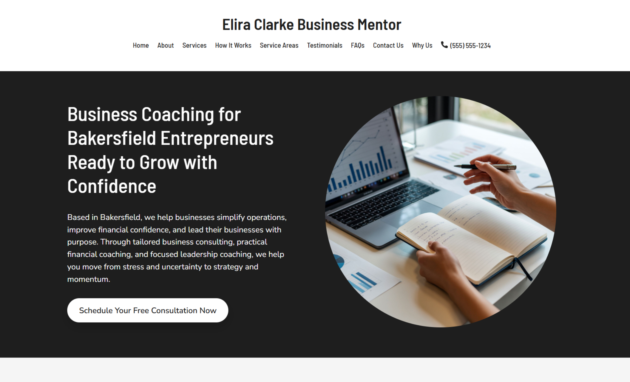 Elira Clarke Business Mentor homepage featuring a dark, modern layout with the headline “Business Coaching for Bakersfield Entrepreneurs Ready to Grow with Confidence” and a consultation call-to-action button