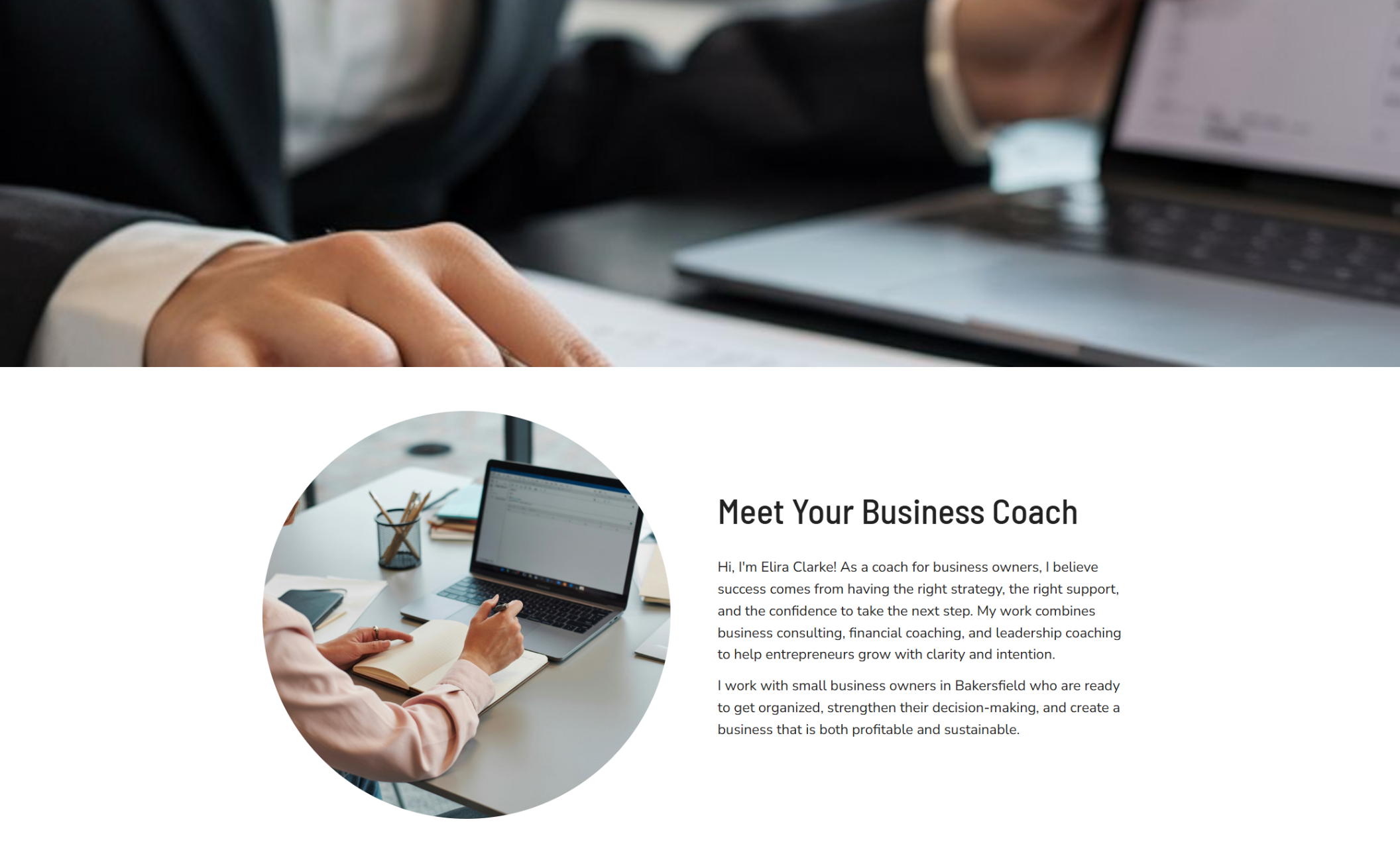 Elira Clarke Business Mentor “Meet Your Business Coach” section showing a professional workspace image alongside a personal introduction describing coaching philosophy, services, and support for small business owners