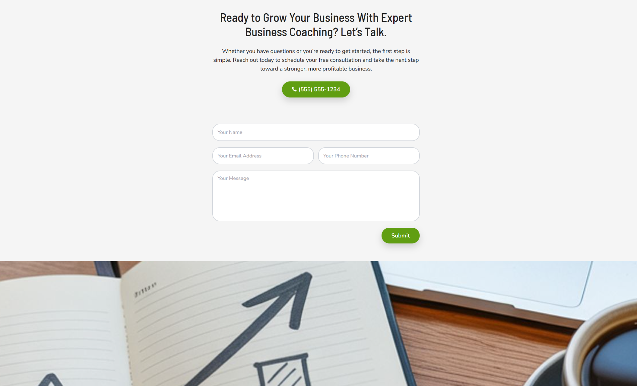 Elira Clarke Business Mentor contact section featuring the headline “Ready to Grow Your Business With Expert Business Coaching? Let’s Talk,” a phone button, and a clean consultation form