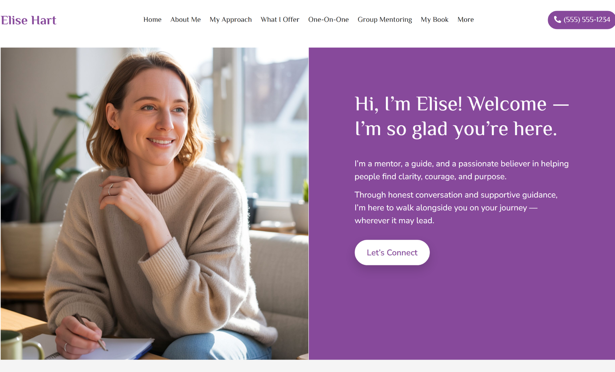Elise Hart homepage featuring a smiling woman sitting by a window with a notebook, beside a soft purple background and warm welcome message that reads “Hi, I’m Elise! Welcome — I’m so glad you’re here” with a “Let’s Connect” button