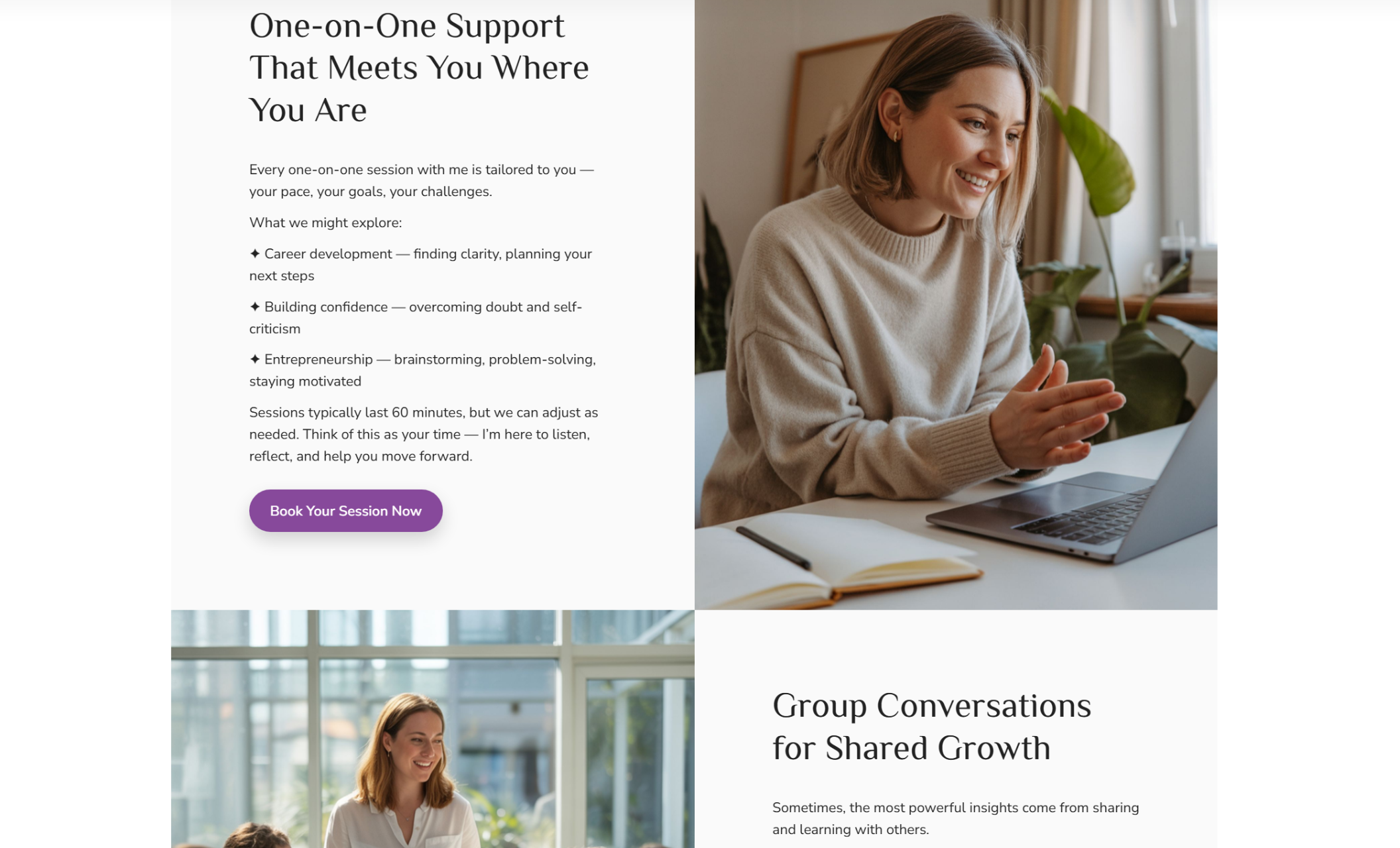 Support services section split between a photo of Elise coaching via laptop and written content detailing one-on-one mentoring topics like career development and confidence, with a prominent “Book Your Session Now” button