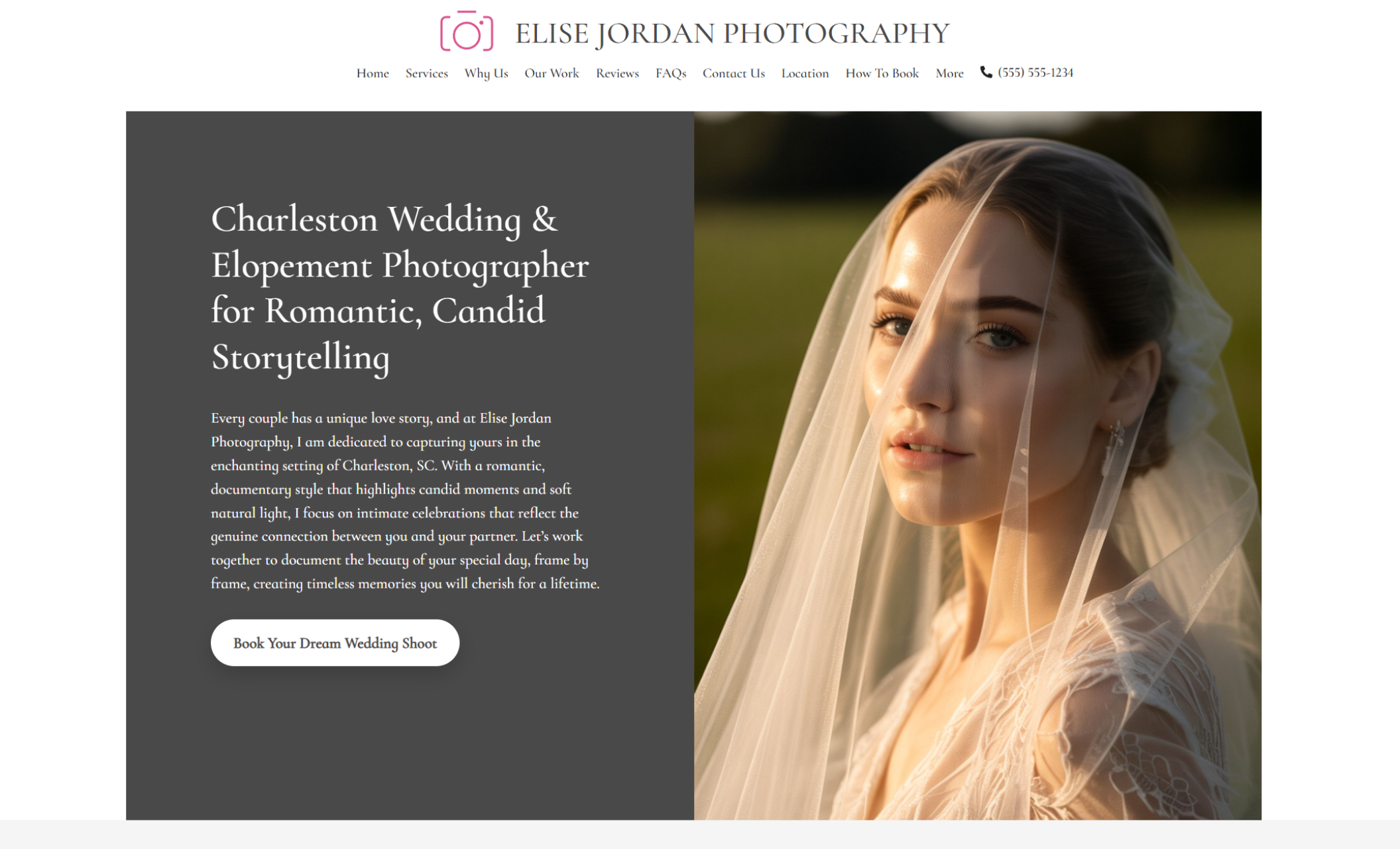 Elise Jordan Photography homepage hero showing a close-up bridal portrait with soft natural light beside the headline “Charleston Wedding & Elopement Photographer for Romantic, Candid Storytelling” and a white “Book Your Dream Wedding Shoot” button