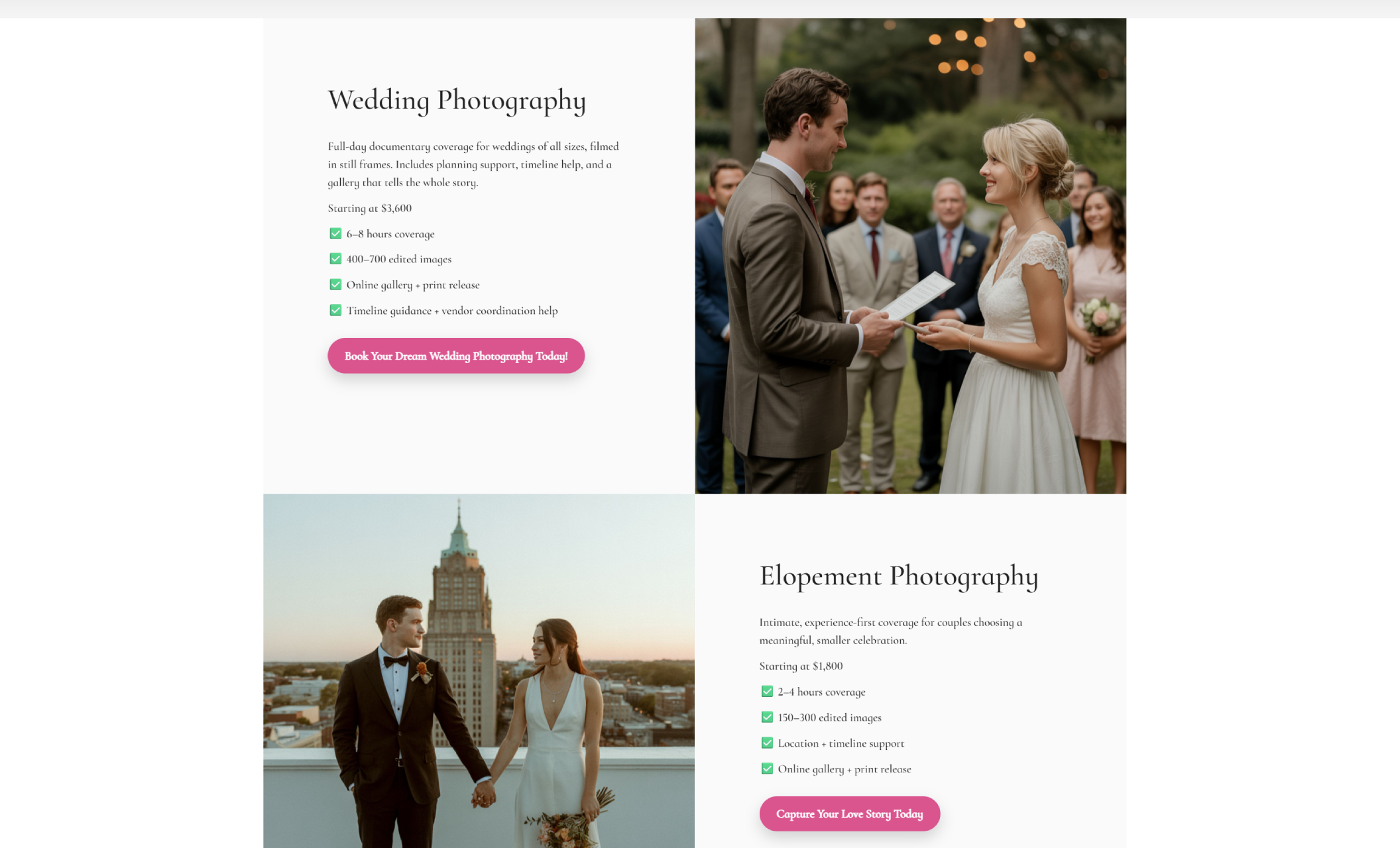 Elise Jordan Photography services section featuring a bride and groom exchanging vows alongside text blocks for “Wedding Photography” and “Elopement Photography,” each listing coverage details, starting prices, and pink call-to-action buttons