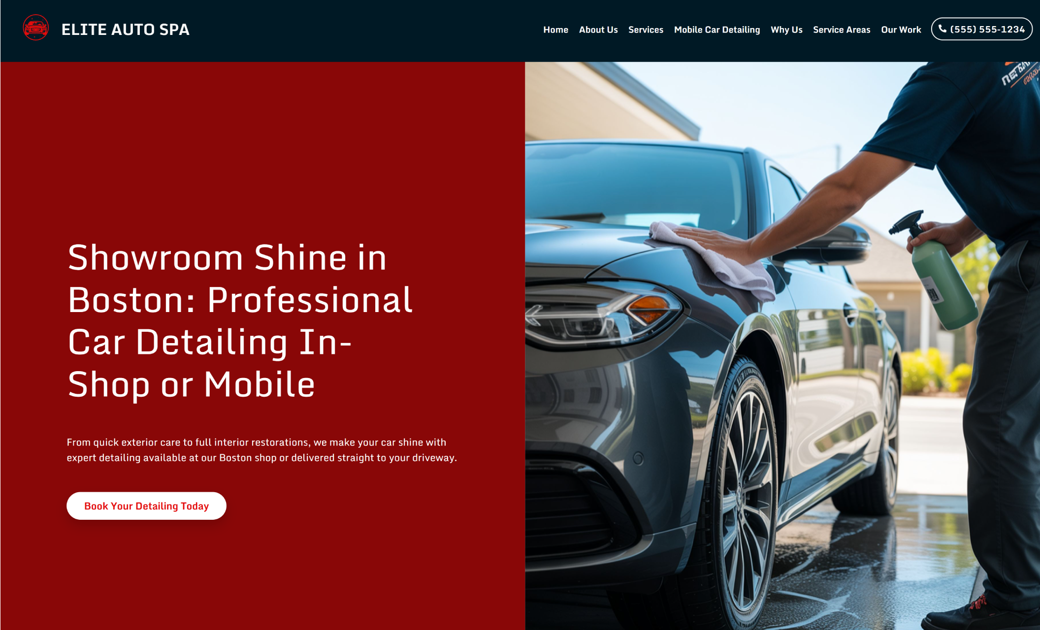 Elite Auto Spa homepage with a deep red background on the left displaying the headline “Showroom Shine in Boston: Professional Car Detailing In-Shop or Mobile,” paired with a photo of a technician wiping down a shiny silver car with a microfiber cloth and spray bottle