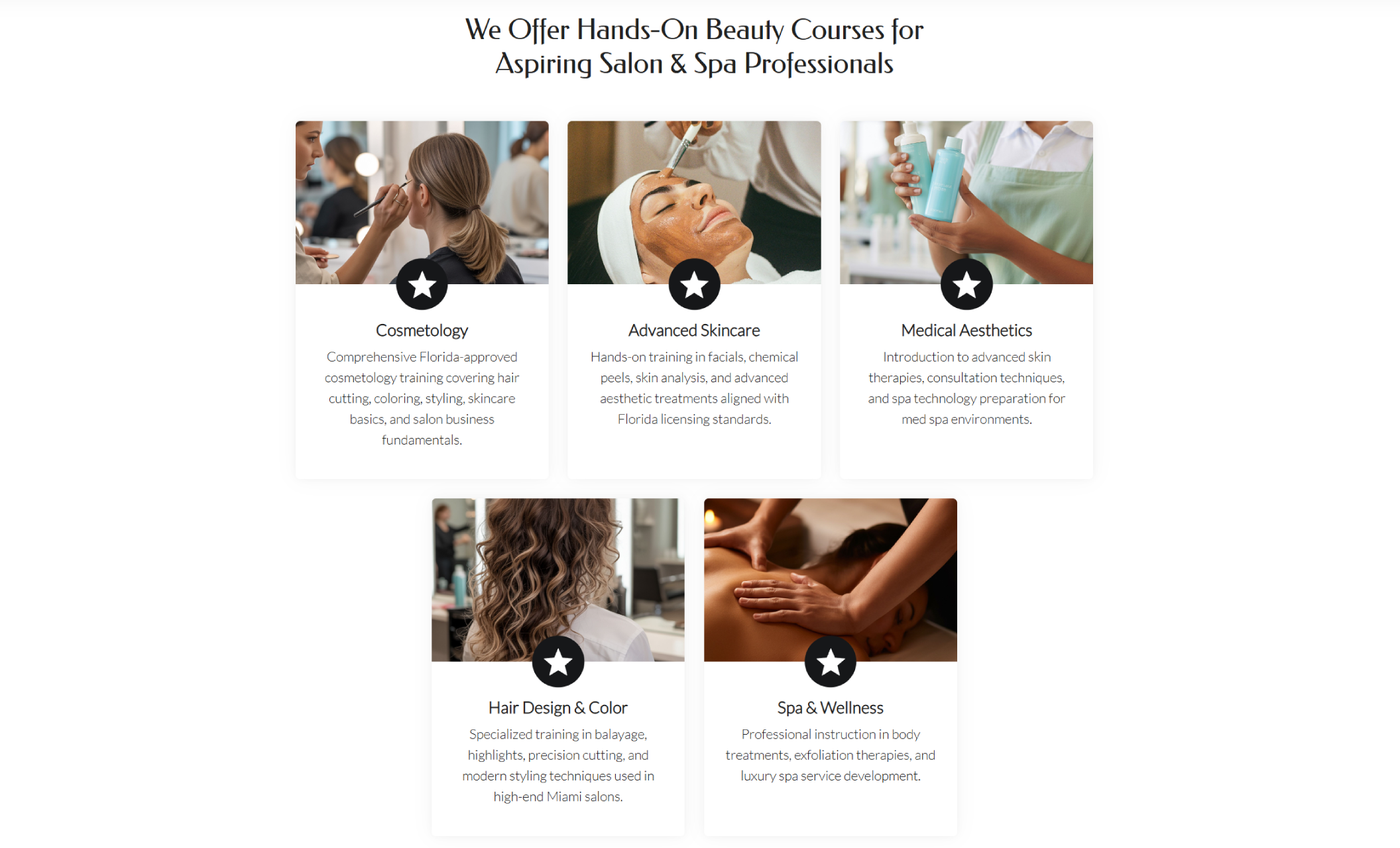 Elite Cosmetology Institute programs section highlighting cosmetology, advanced skincare, medical aesthetics, hair design & color, and spa & wellness courses under the headline “We Offer Hands-On Beauty Courses for Aspiring Salon & Spa Professionals.”