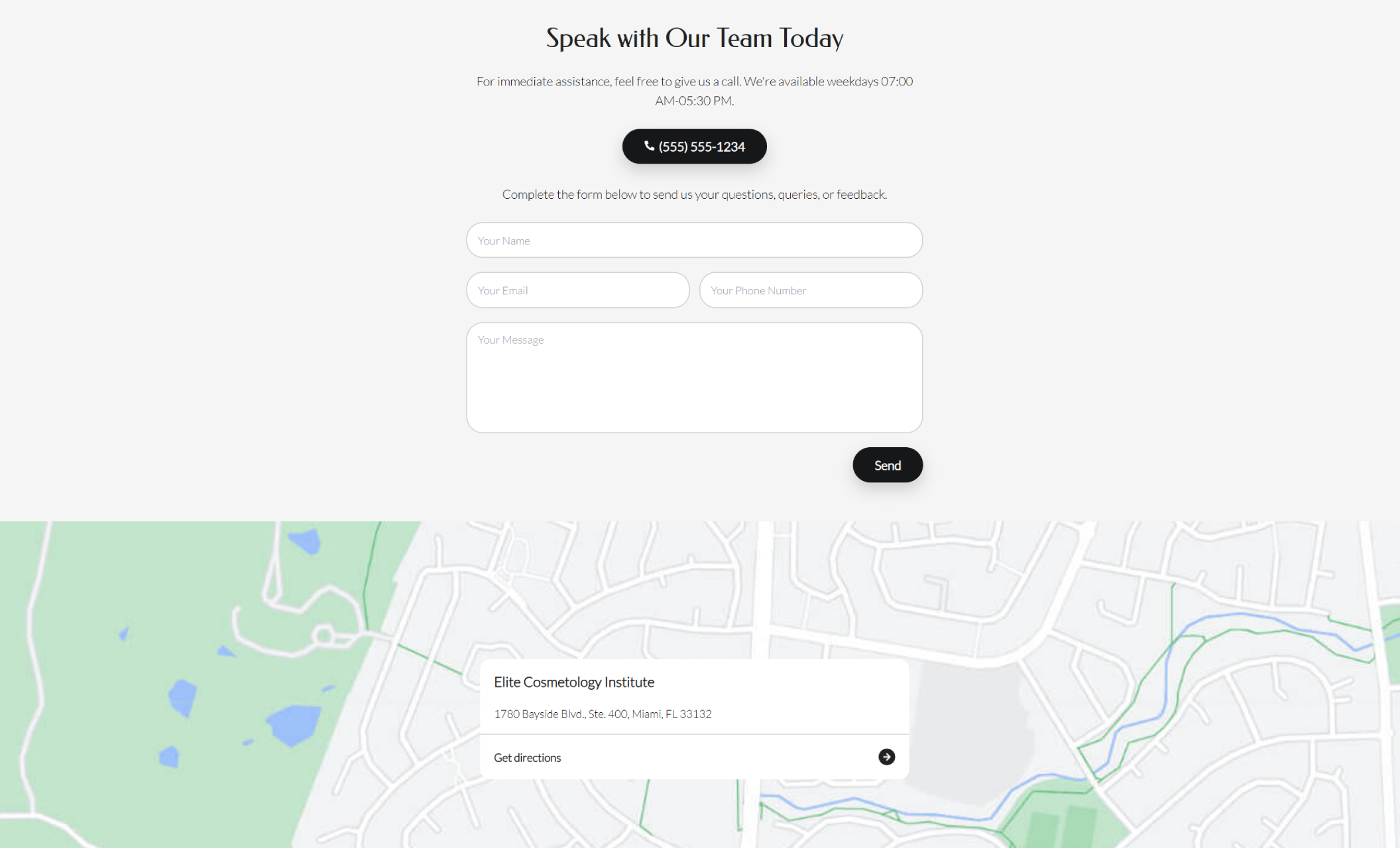 Elite Cosmetology Institute contact section featuring the headline “Speak with Our Team Today,” a phone button, contact form fields, and a map listing the Miami address