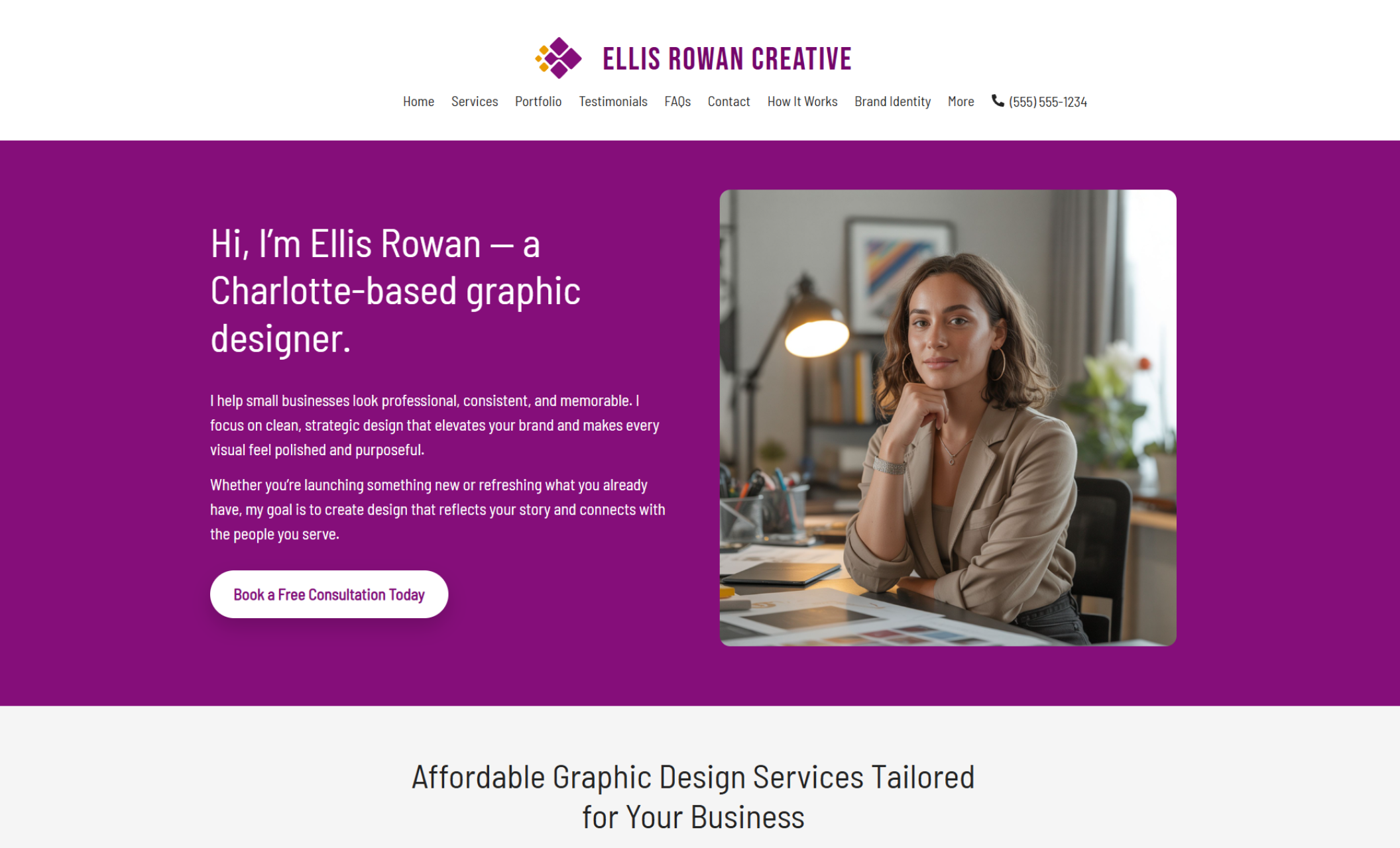 Ellis Rowan Creative homepage featuring Ellis Rowan seated confidently at her desk beside the headline “Hi, I’m Ellis Rowan — a Charlotte-based graphic designer” with a white button labeled “Book a Free Consultation Today.”