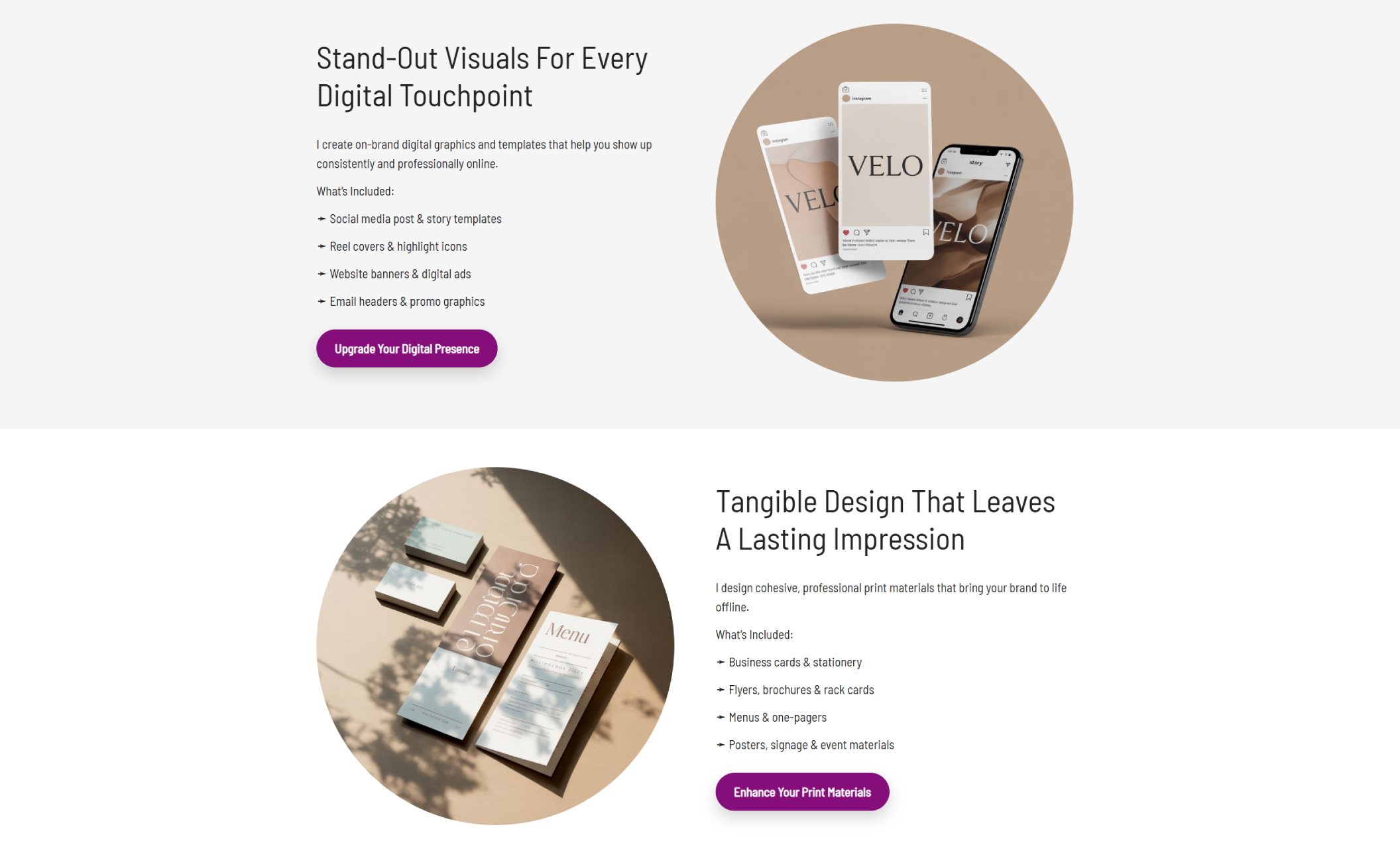 Ellis Rowan Creative services section showing mockups of social media templates and printed branding materials beside titles like “Stand-Out Visuals For Every Digital Touchpoint” and “Tangible Design That Leaves A Lasting Impression” with purple action buttons