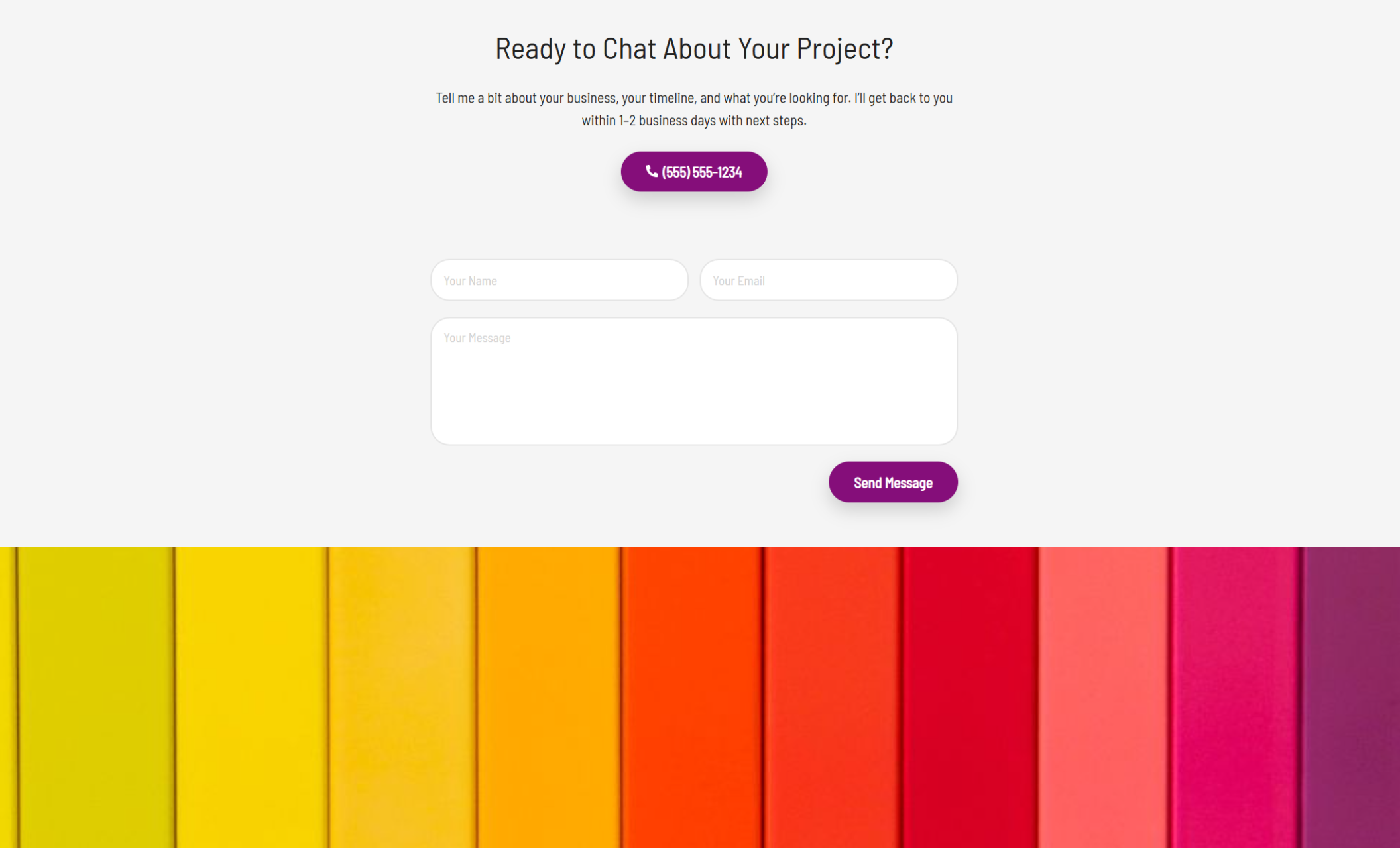 Ellis Rowan Creative contact section featuring a simple inquiry form and purple call-to-action button above a vibrant horizontal rainbow of design color swatches