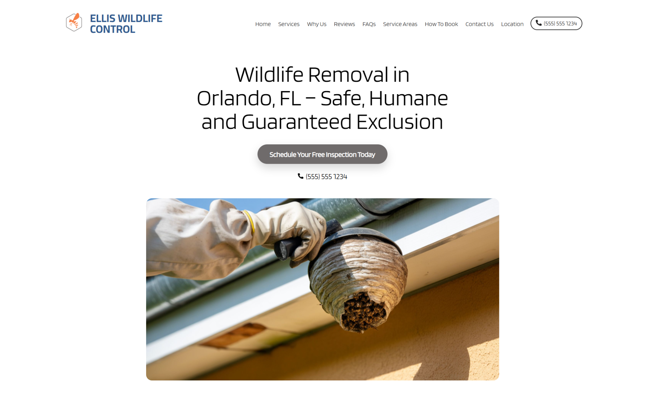 Ellis Wildlife Control homepage featuring the headline “Wildlife Removal in Orlando, FL – Safe, Humane and Guaranteed Exclusion” above a photo of a technician removing a wasp nest from a roofline