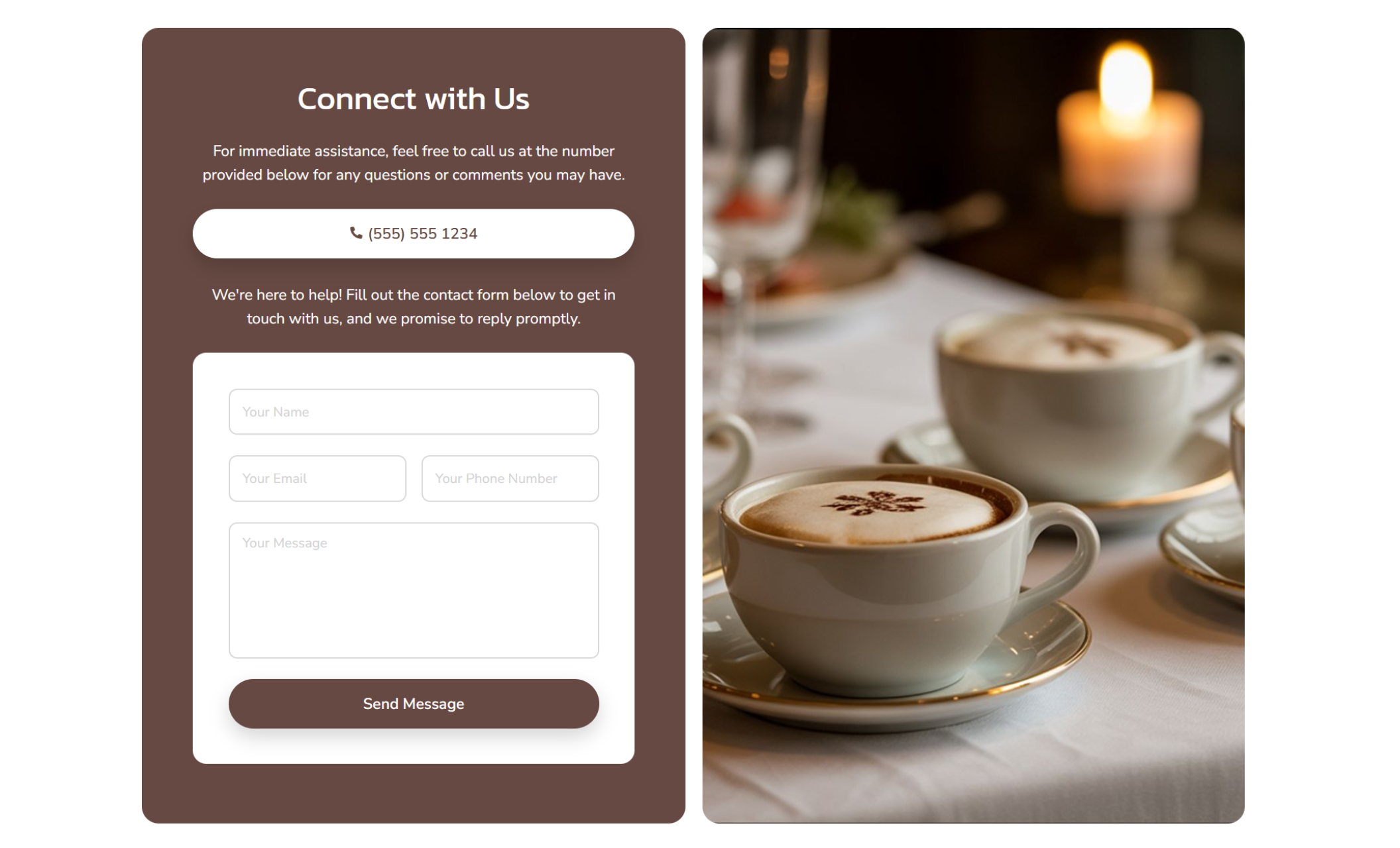 Ember & Oak Café contact section featuring a phone number, contact form, and a warm image of cappuccinos on a candlelit table, inviting visitors to get in touch or call directly
