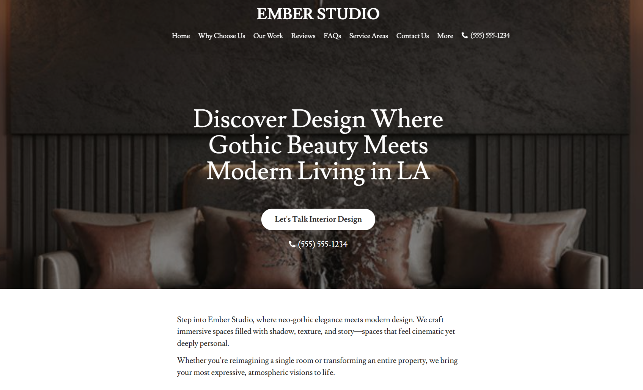 Homepage hero for Ember Studio featuring a dark, atmospheric living room with rich textures behind the headline “Discover Design Where Gothic Beauty Meets Modern Living in LA” and a white button labeled “Let’s Talk Interior Design.”