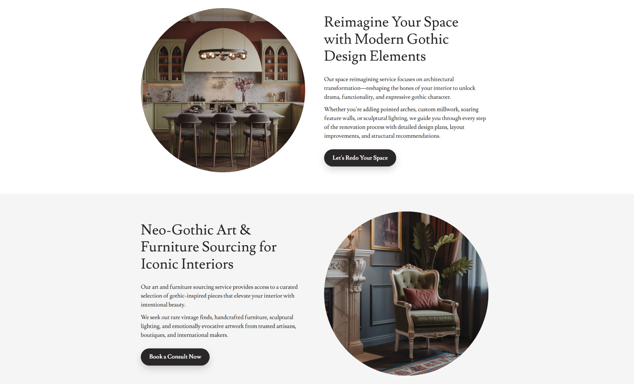 Service showcase for Ember Studio displaying two circular photos—one of a moody gothic kitchen and one of an ornate vintage armchair—paired with detailed descriptions of architectural redesign and neo-gothic art and furniture sourcing services