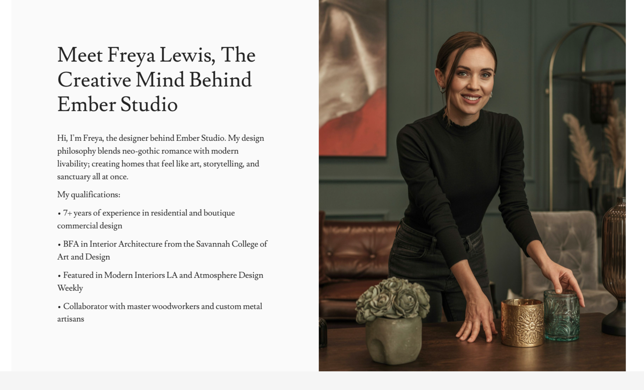 Meet-the-designer section for Ember Studio featuring Freya Lewis standing at a styled table arranging decor accents beside a headline introducing her creative background, qualifications, and neo-gothic design philosophy