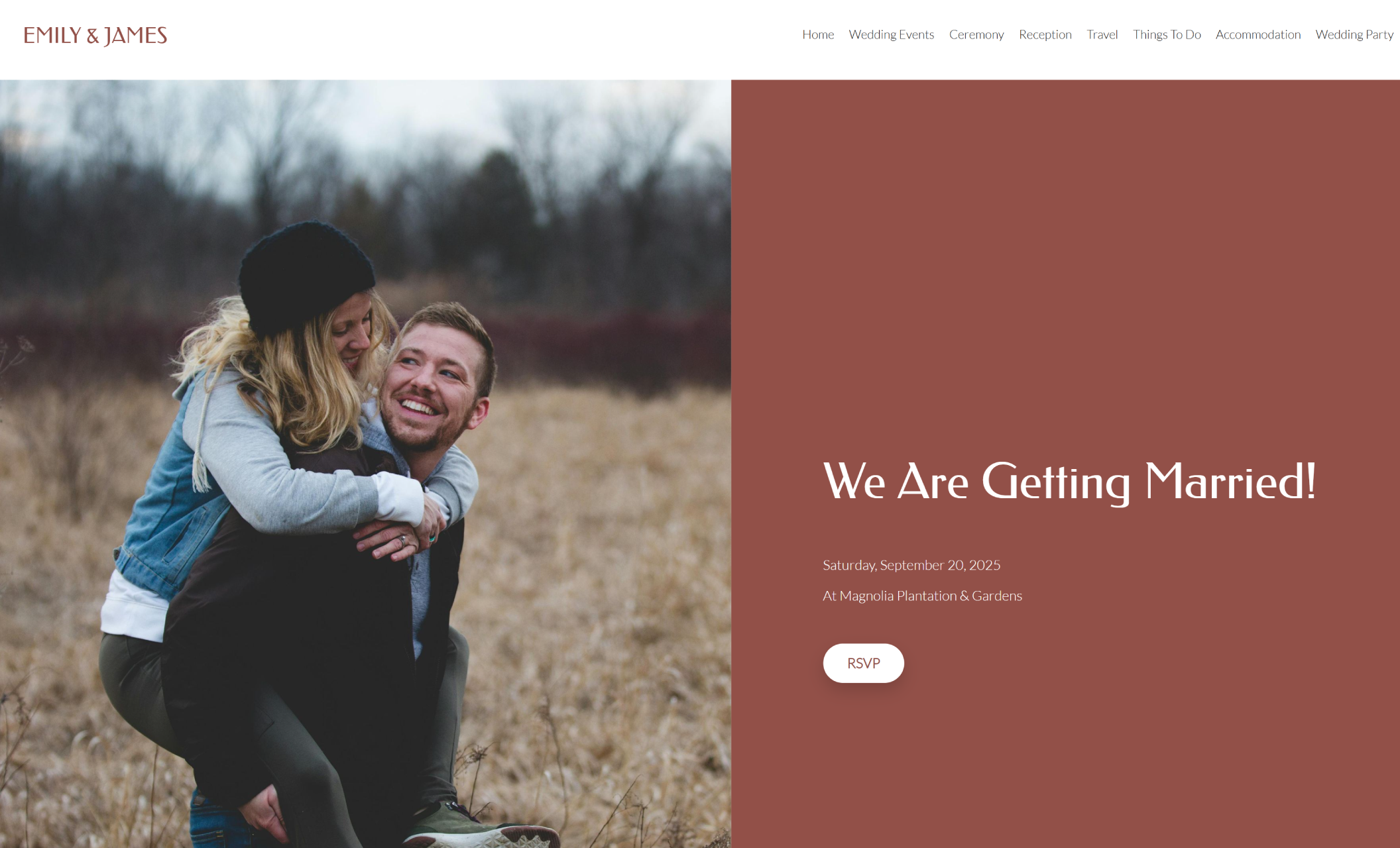 Emily & James wedding website homepage featuring a playful outdoor photo of the couple in a field, with the headline “We Are Getting Married!” and RSVP details set against a warm rust-colored background