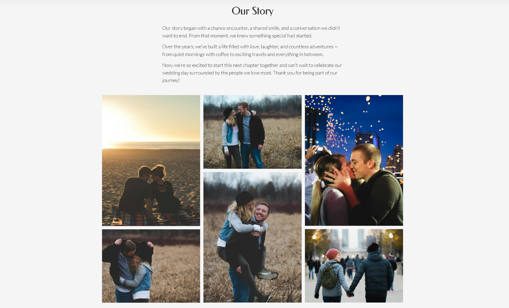 “Our Story” section from Emily & James’s wedding website showing a heartfelt narrative alongside a collage of six candid couple photos, including a kiss at night, a beach sunset, and walks through nature