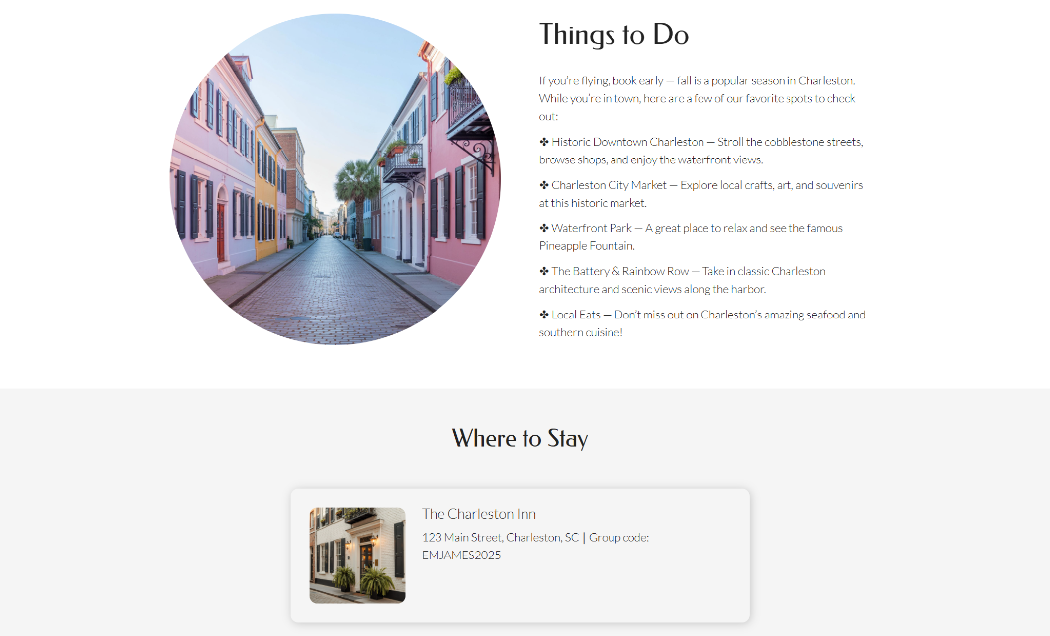 Charleston-themed wedding website section showing a circular image of colorful Rainbow Row homes, a list of travel suggestions like Waterfront Park and Charleston City Market, and a featured hotel card for The Charleston Inn