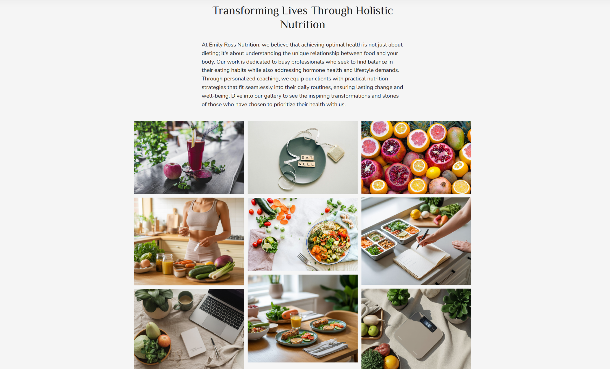 Emily Ross Nutrition gallery section titled “Transforming Lives Through Holistic Nutrition,” featuring a photo grid of healthy lifestyle images including fresh produce, meal prep, and wellness-themed visuals