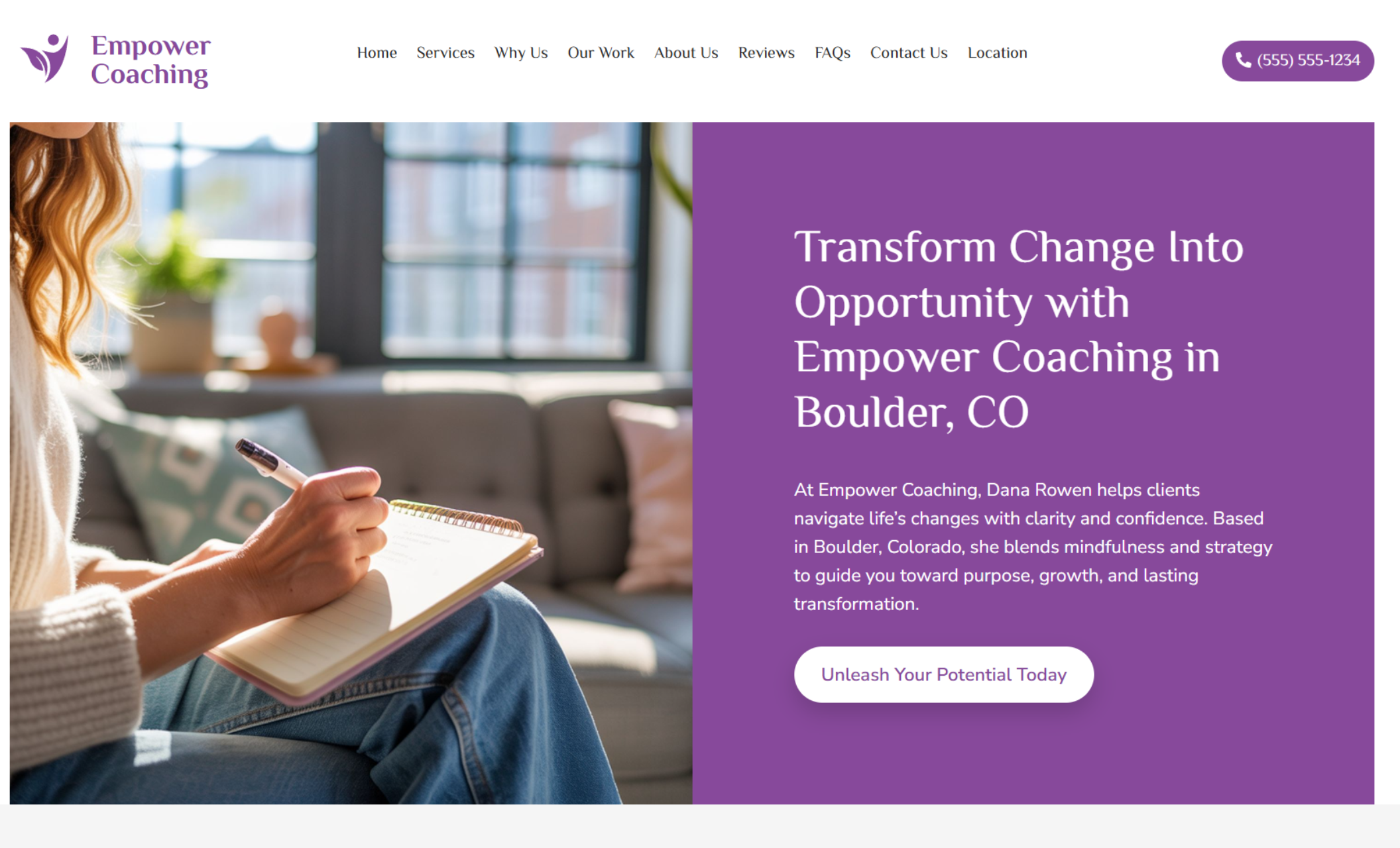 Empower Coaching homepage featuring a woman writing in a journal beside the headline “Transform Change Into Opportunity with Empower Coaching in Boulder, CO,” in a calm purple layout