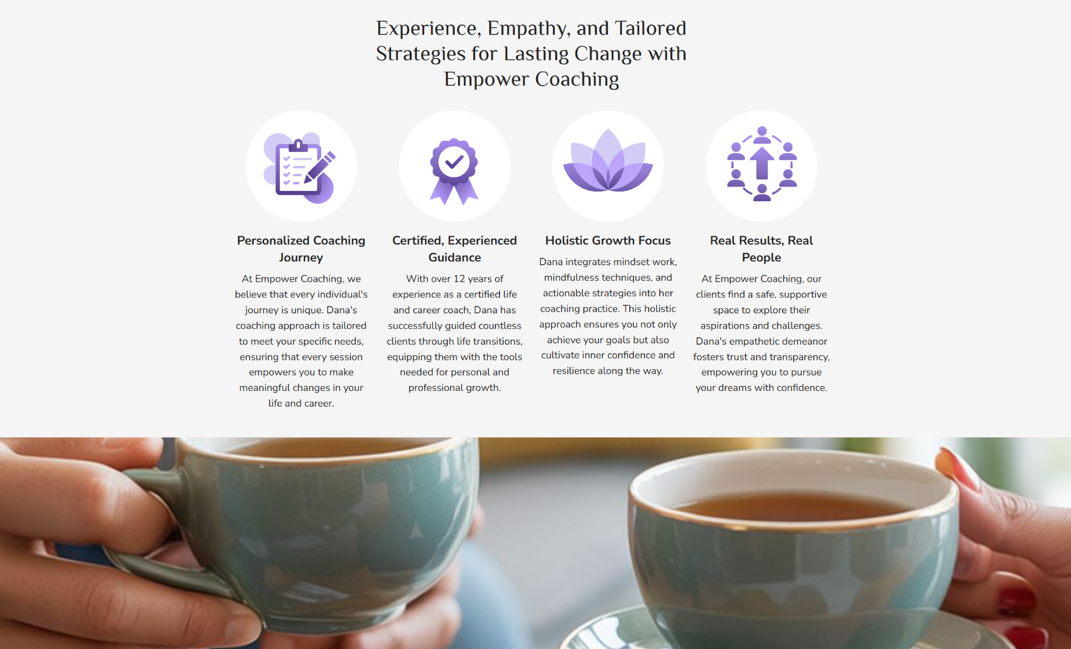 Empower Coaching about section featuring Dana Rowen sitting thoughtfully at a desk with plants behind her and a headline reading “Discover Your Path to Purpose and Fulfillment.”