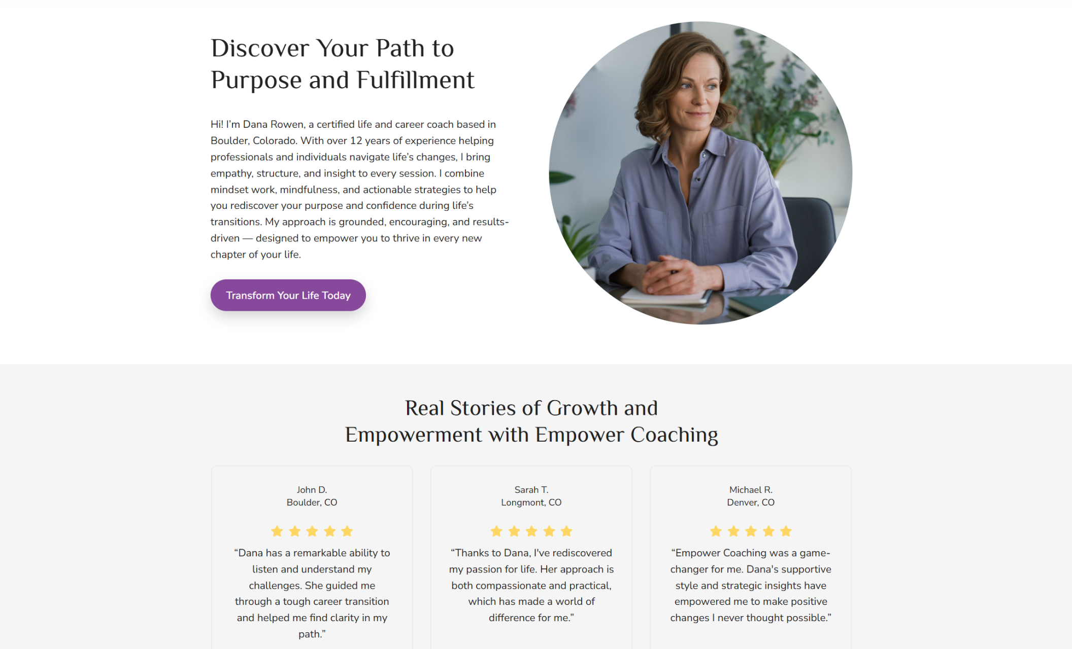 Empower Coaching features section highlighting four icons and descriptions — Personalized Coaching, Certified Guidance, Holistic Growth Focus, and Real Results — above an image of two people holding teacups in conversation