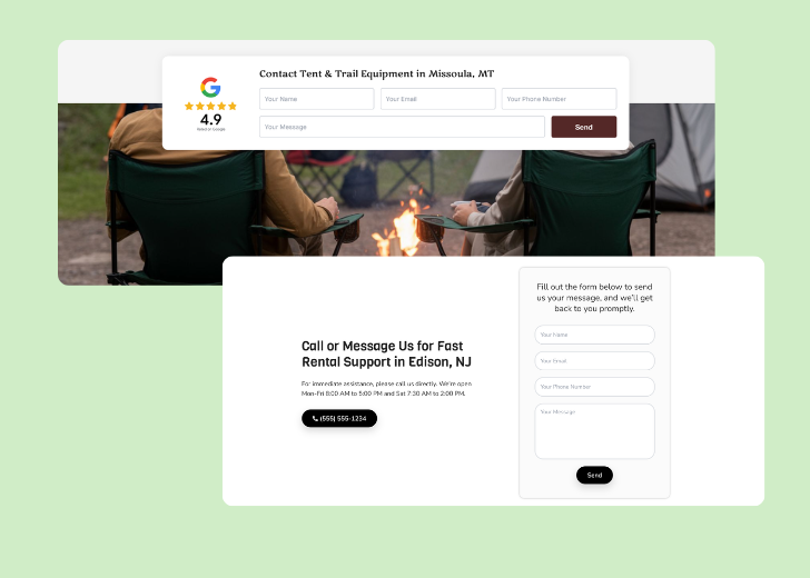 Screenshot of a contact form titled 'Get in touch' with a blue-colored primary button with a contact number, with input fields for Name, Email, and Message