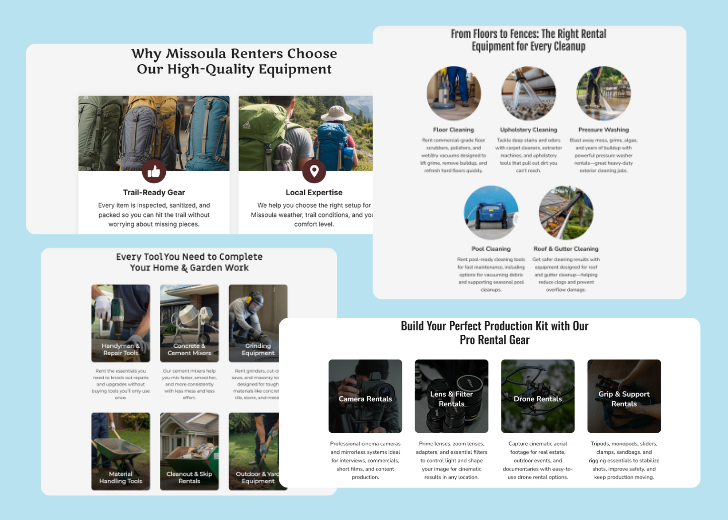 A collage of services section generated by Zarla showing different styles of service items, all having a picture, a title, and a brief description