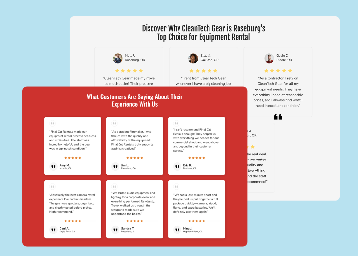 A collage of reviews section generated by Zarla showing different styles of testimonials